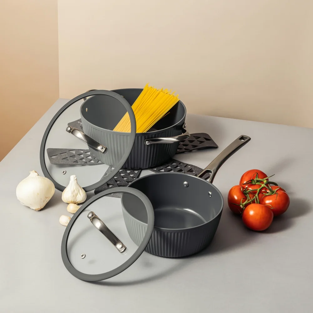 Thyme & Table 12-Piece Cookware Ceramic Non-Stick Set Ribbed Collection, Grey