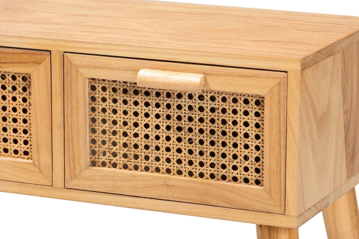 MQLIFEBOOM Falan Oak Brown Finished Wood 2-Drawer Console Table with Rattan