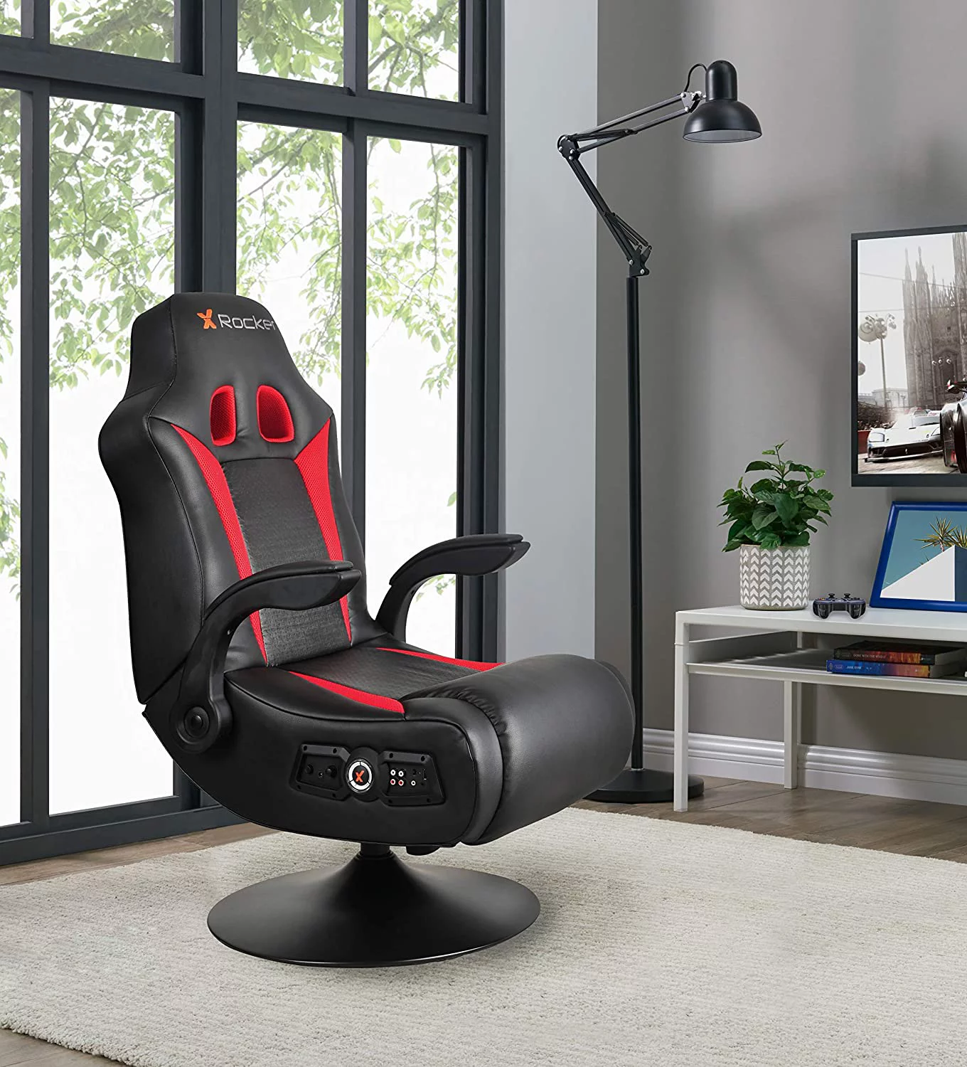 X Rocker Bluetooth & Ergonomic Swivel Leather Gaming Chair, Black/Red