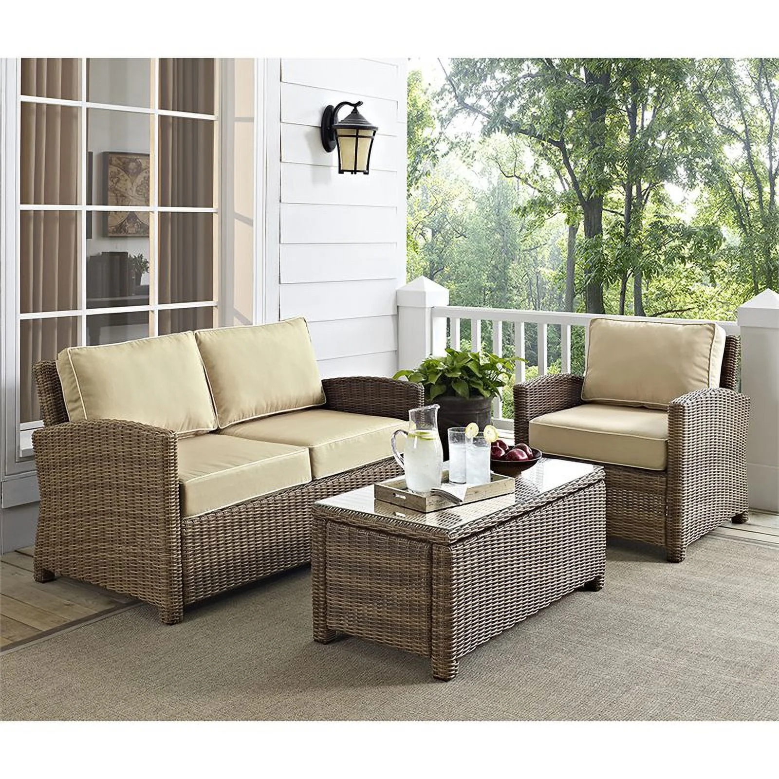 Afuera Living 3 Piece Wicker Patio Sofa Set in Brown and Sand