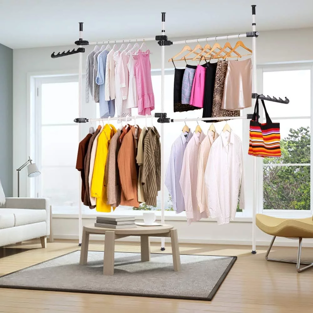 Adjustable Garment Rack, Freestanding Clothing Hanger 3 Vertical Poles 4 Bars Wardrobe Closet Clothes Hanging Rod Organizer System Heavy Duty DIY Coat Hanger No Drilling for Home Bedroom