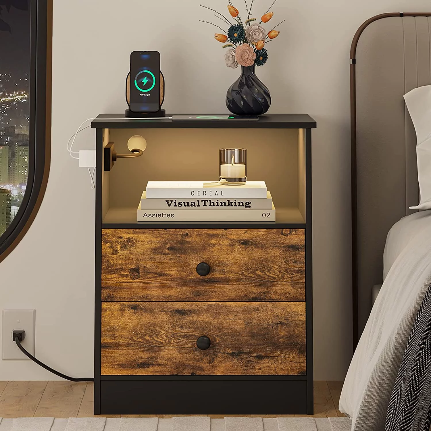 Set of 2 2 Drawers LED Light Nightstand with Charging Station, Storage Cabinet for Bedroom, Brown