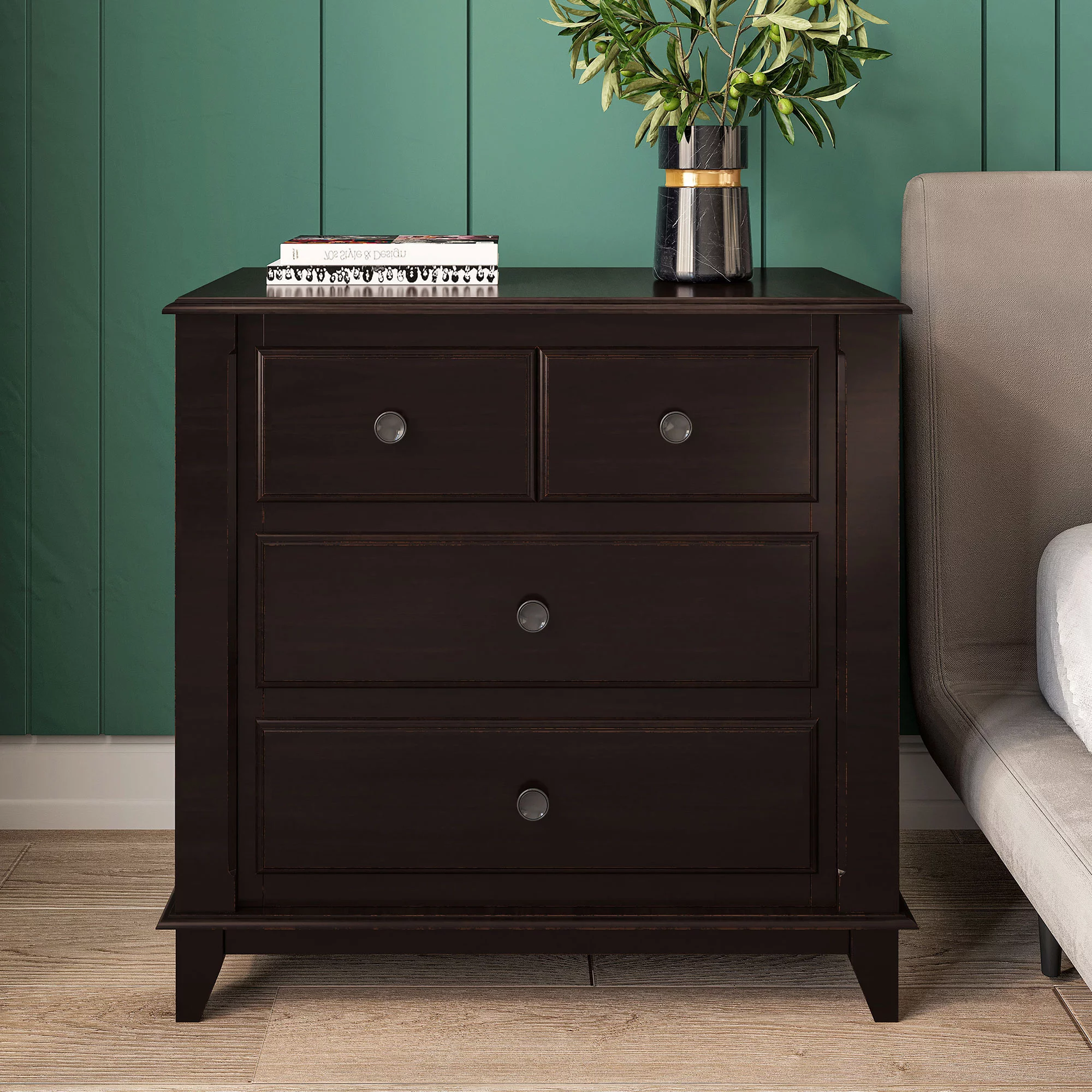 Modern Bedroom Nightstand with 3-Drawers, Espresso