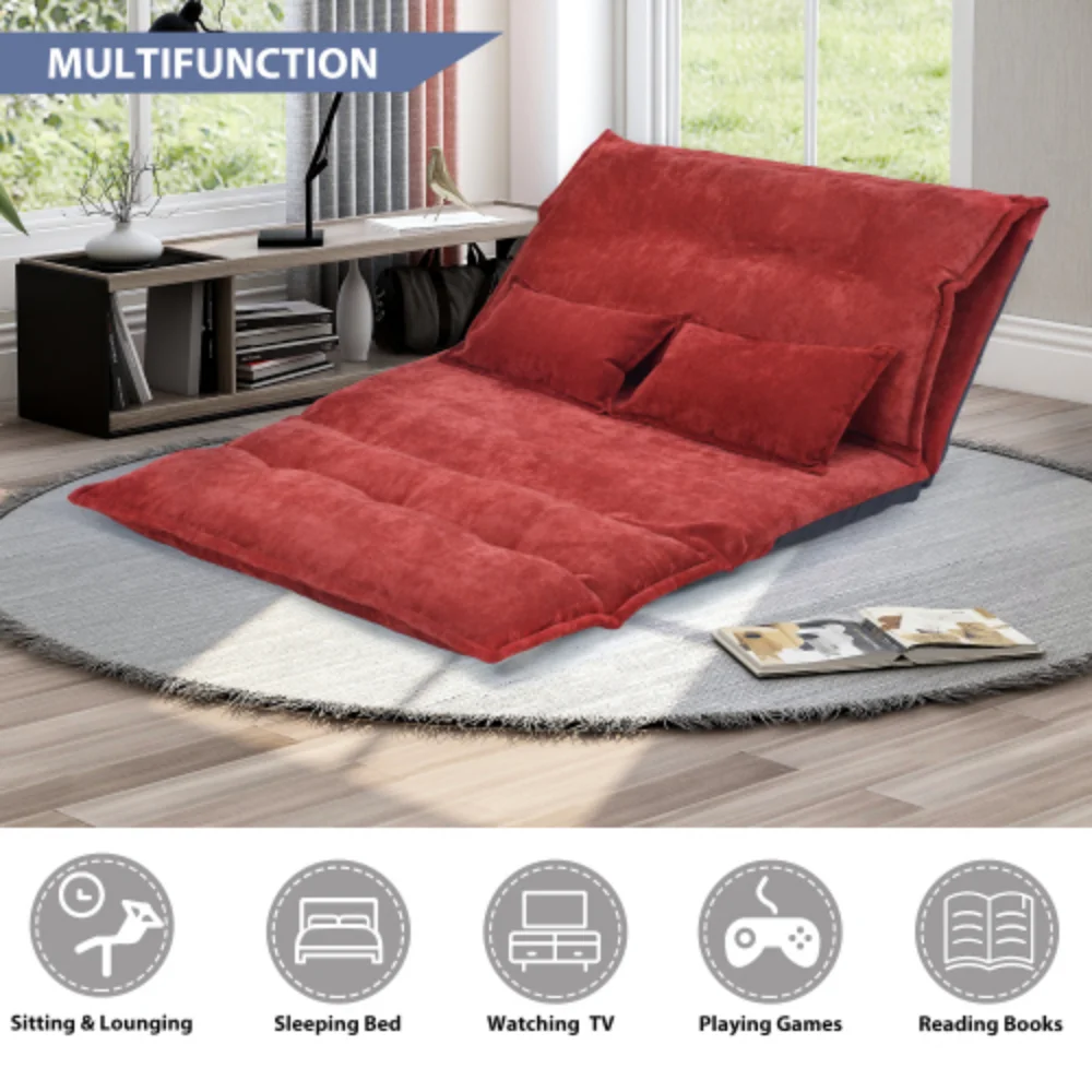 Lazy Sofa Adjustable Folding Futon Sofa Video Gaming Sofa with Two Pillows Red + Polyester + Foam