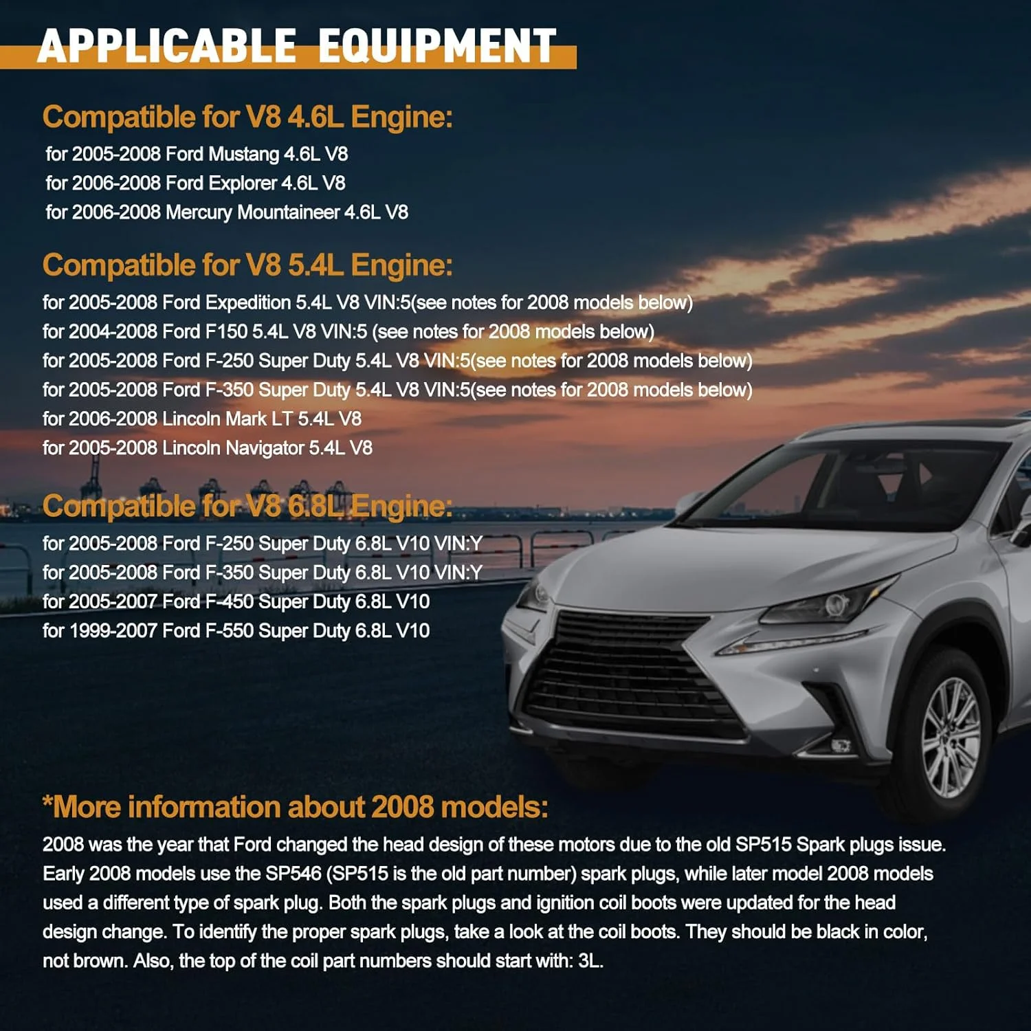POLARPRA 8PCS FD508 Straight Ignition Coils Pack & SP546 Iridium Spark Plugs Compatible with Ford F150 Expedition F250/F350 Super Duty Mustang 4.6L 5.4L Replace# 5C1584 C1541 UF537 DG511