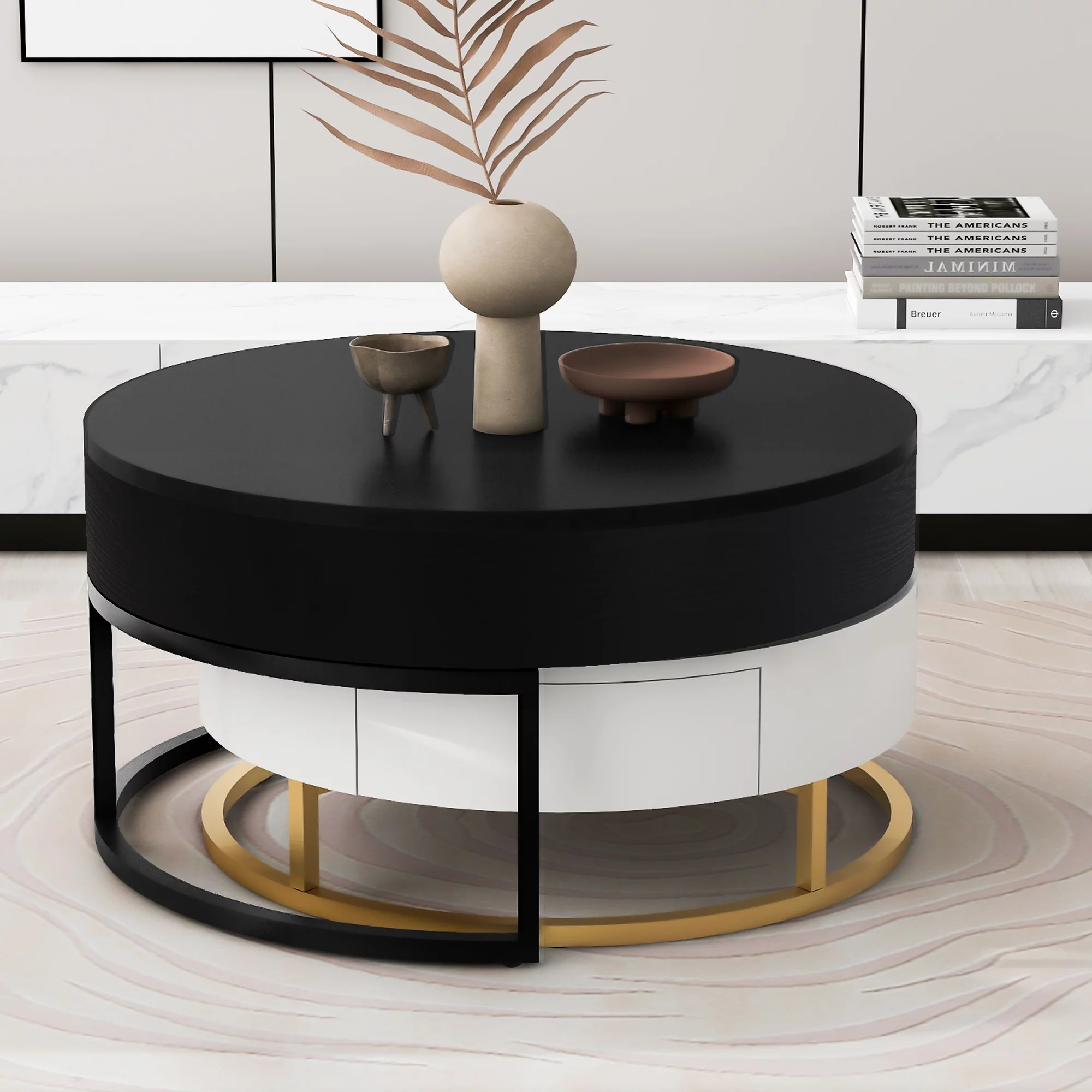 Homiyad Modern Round Lift-Top Nesting Coffee Tables with 2 Drawers White & Black