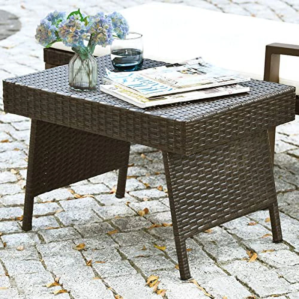 HAPPYGRILL Patio Side Table Rattan Wicker Coffee Table with Steel Frame Outdoor Foldable Portable Side Table for Garden Lawn Poolside