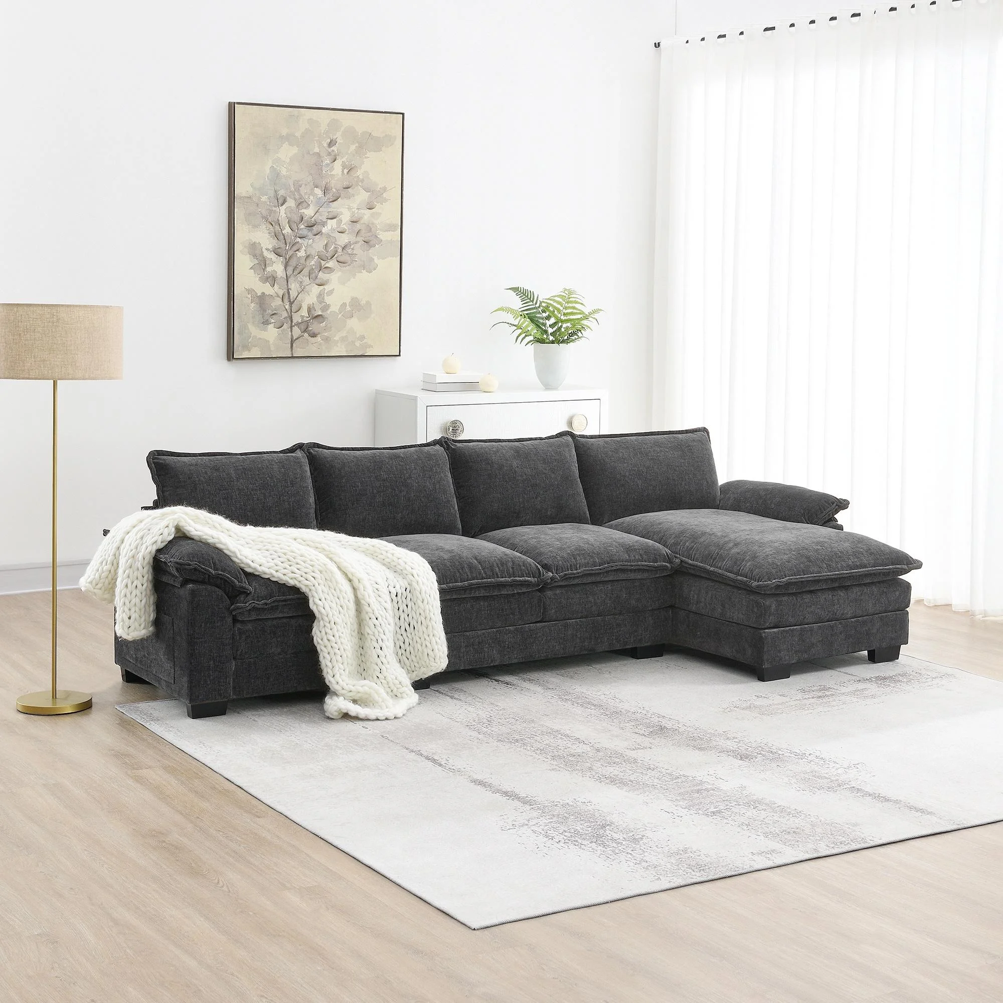 L-Shaped Sectional Couch with Chaise Lounge, Atumon 5-Seat Corner Couch, Modern Sectional Chenille Upholstered Sofa Furniture, L-Shaped Sectional Couch for Living Room Office Apartment, Gray