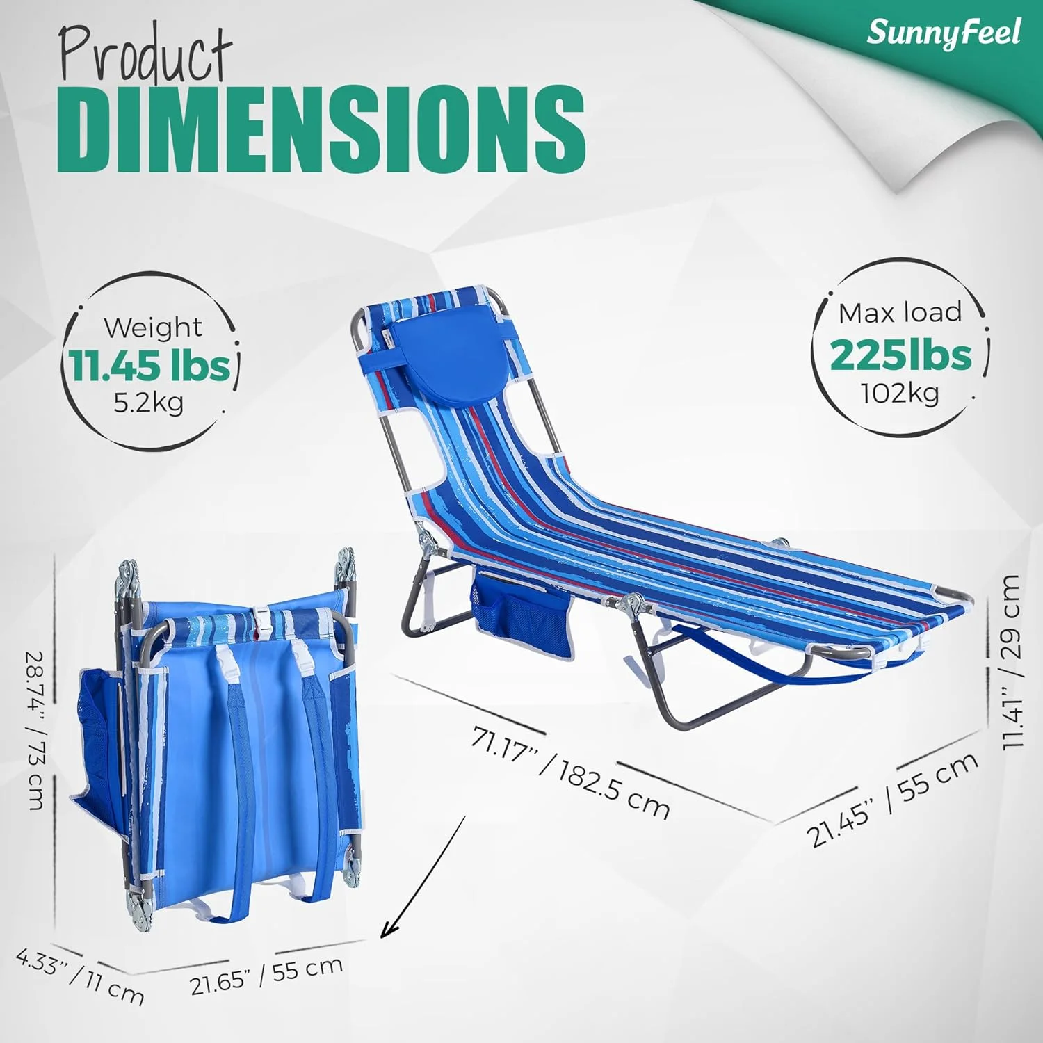 SunnyFeel Lounge Beach Chair for Adults with Face Hole, Backpack Reclining Beach Chairs Lay Flat, Sun Face Down Tanning Chair, Portable Folding Camping Cot for Outside Pool, Sunbathing, Reading