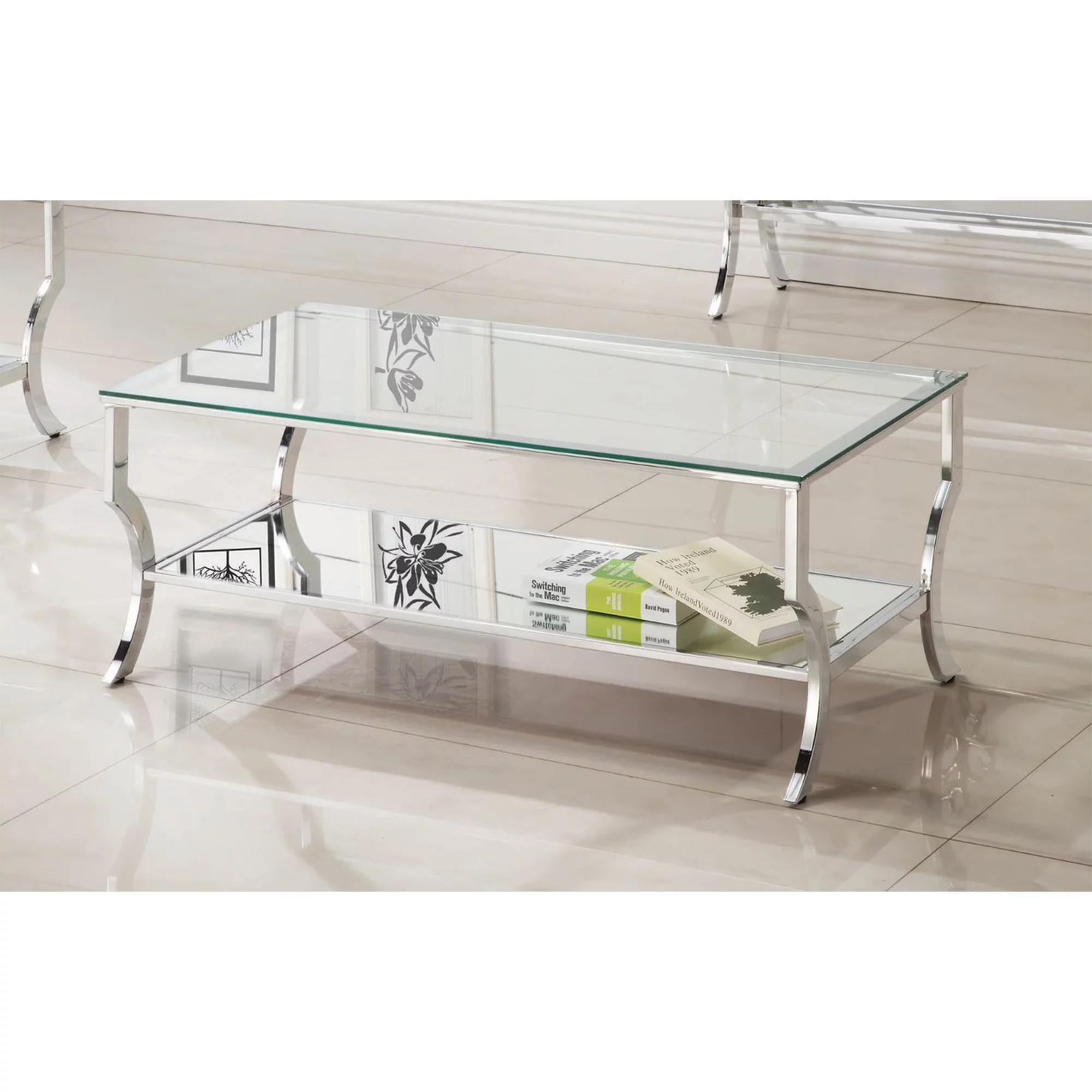 Saide Rectangular Coffee Table with Mirrored Shelf Chrome