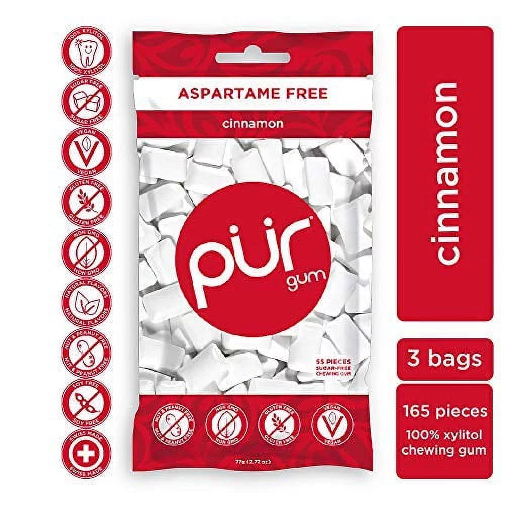 PUR Gum | Sugar Free Chewing Gum | 100% Xylitol | Vegan, Aspartame Free, Gluten Free & Diabetic Friendly | Natural Cinnamon Flavored Gum, 55 Pieces (Pack of 3)