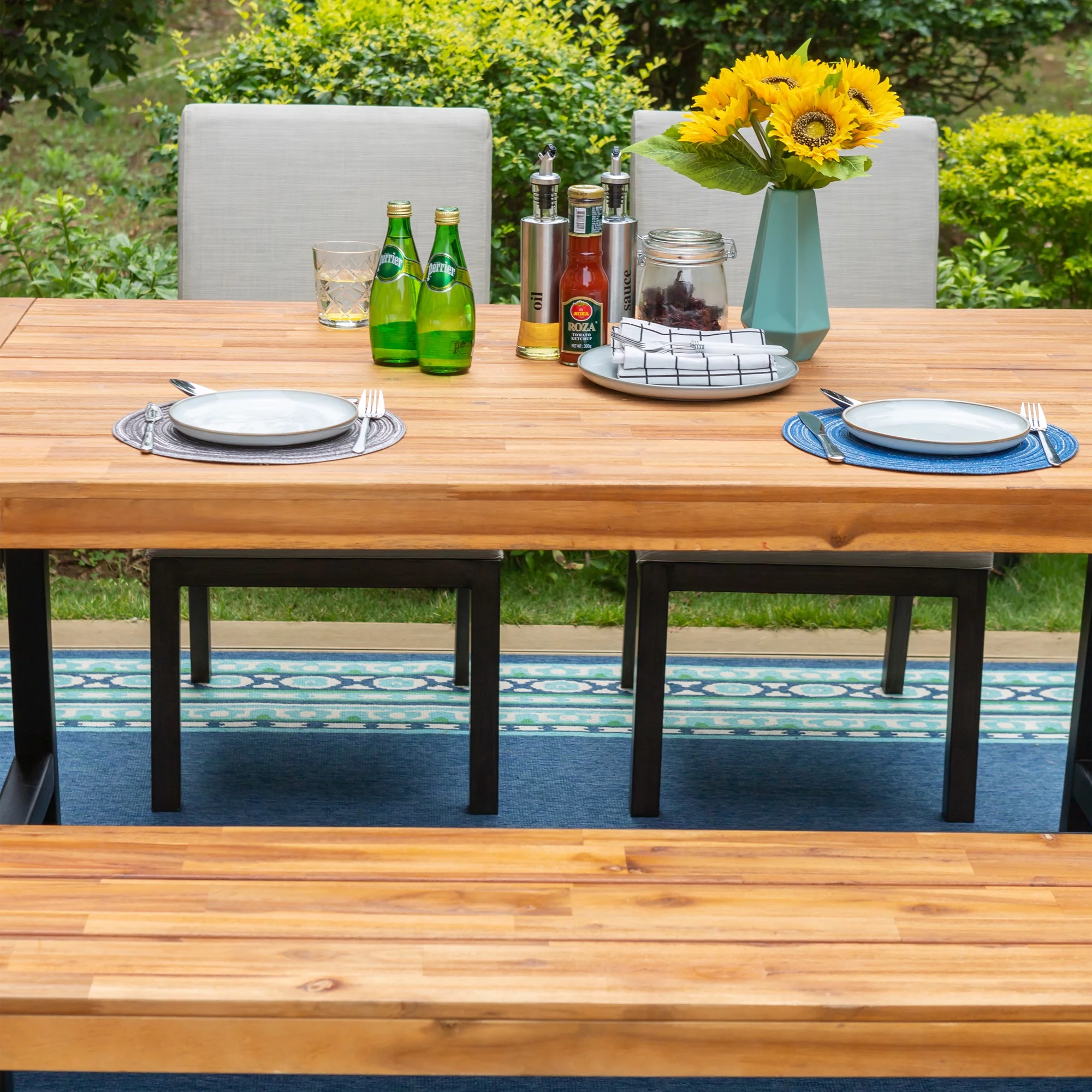 MF Studio 6-Piece Patio Dining Set with 4 PCS Cushion Padded Parsons Chairs, 1 PC Solid Wood Bench&1 PC Large Solid Wood Table, Beige