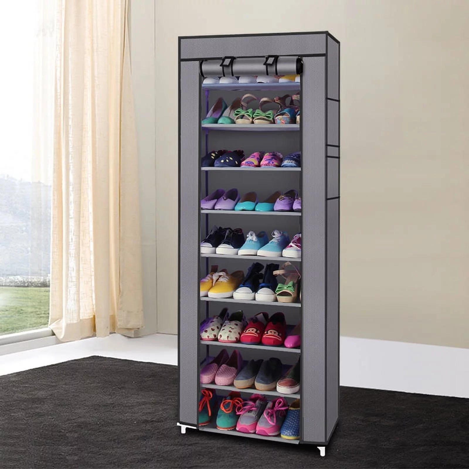 Fashionable Room-saving 9 Lattices Non-woven Fabric Shoe Rack, Gray