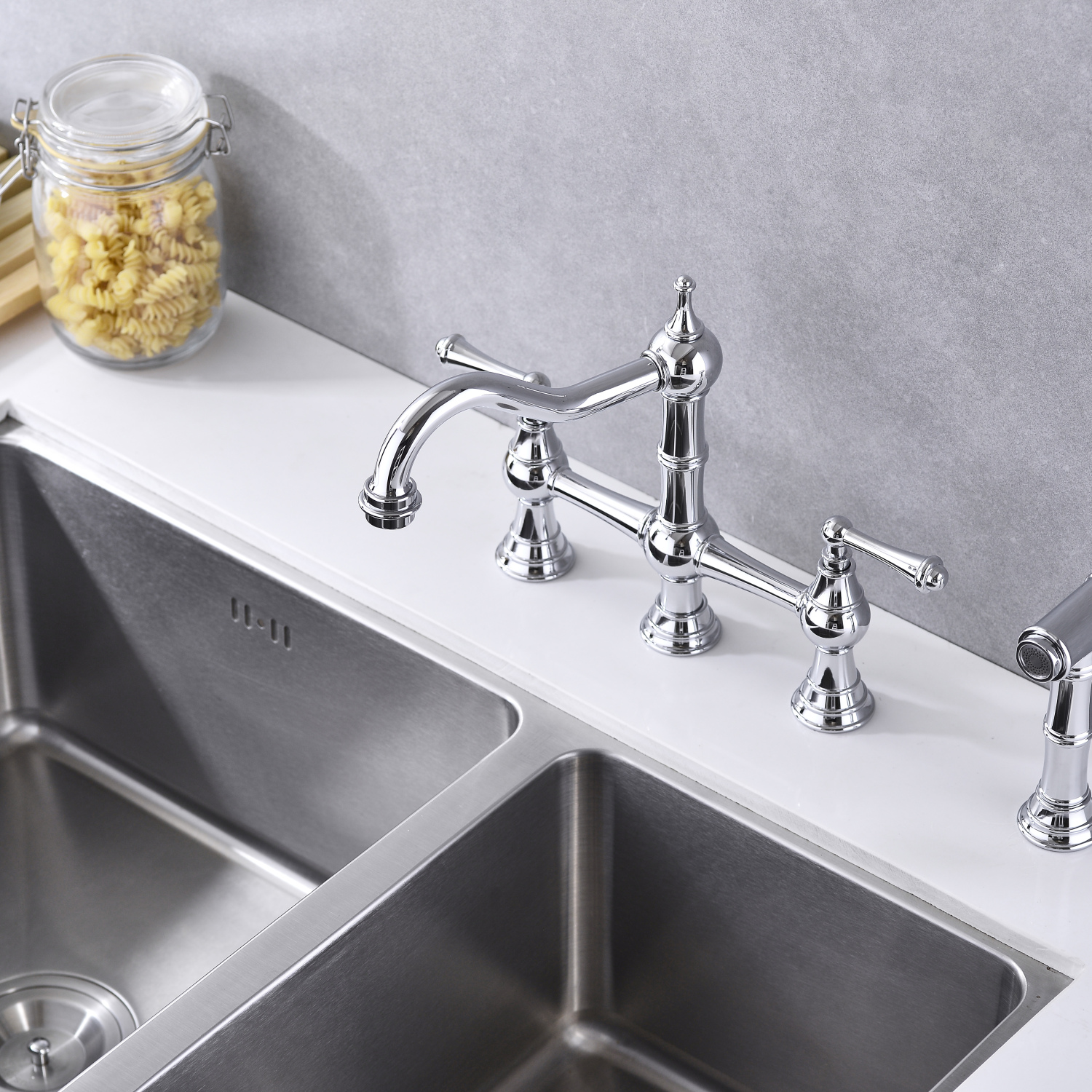 ZJbiubiuHome Bridge Dual Handles Kitchen Faucet With Pull-Out Side Spray in