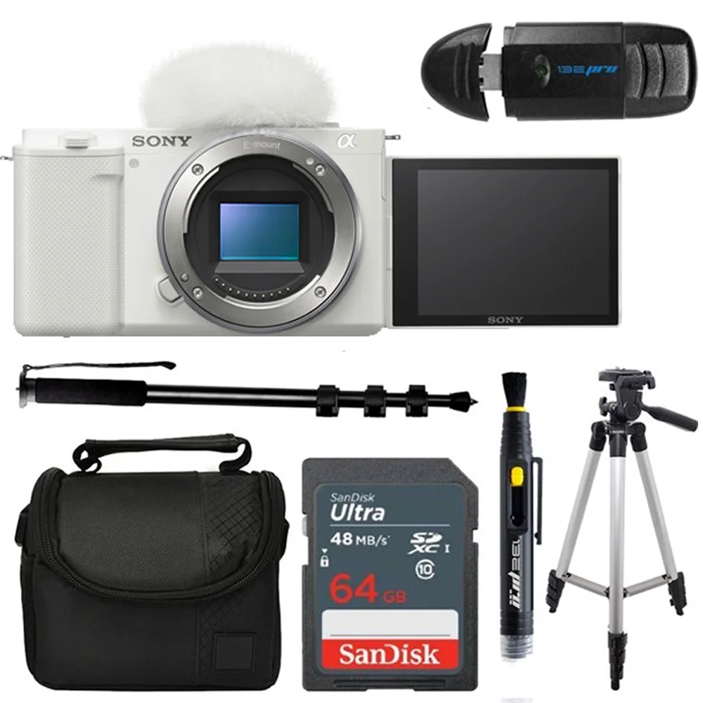 Sony Alpha ZV-E10 Interchangeable Lens Mirrorless Vlog Camera (White) & 16-50mm Lens Bundle With Essential Expo Accessories