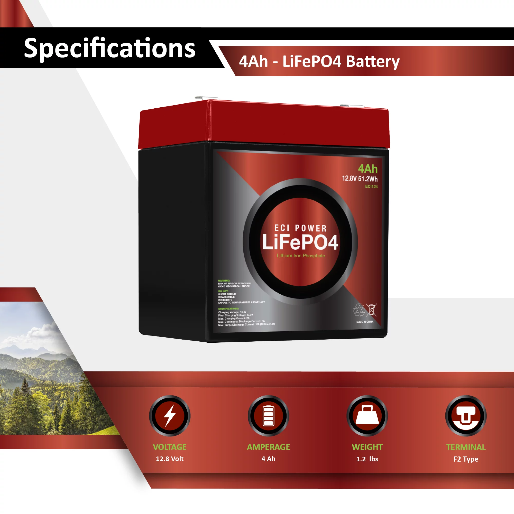 ECI Power 12V 4Ah Lithium LiFePO4 Deep Cycle Rechargeable Battery | 2000-5000 Life Cycles & 10-Year Lifetime | Built-in BMS