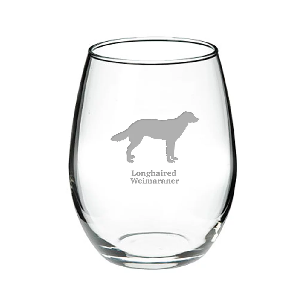 Longhaired Weimaraner Deep Etched Stemless Red Wine Glass