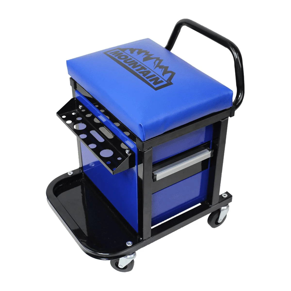 Mountain 1684 Mechanics Creeper Seat with Tool Storage for Garages, Repair Shops, and DIY, Padded Seat, 300 lbs. Capacity, 2 Slider Drawer, Tubular Steel Frame, (4) 2.5
