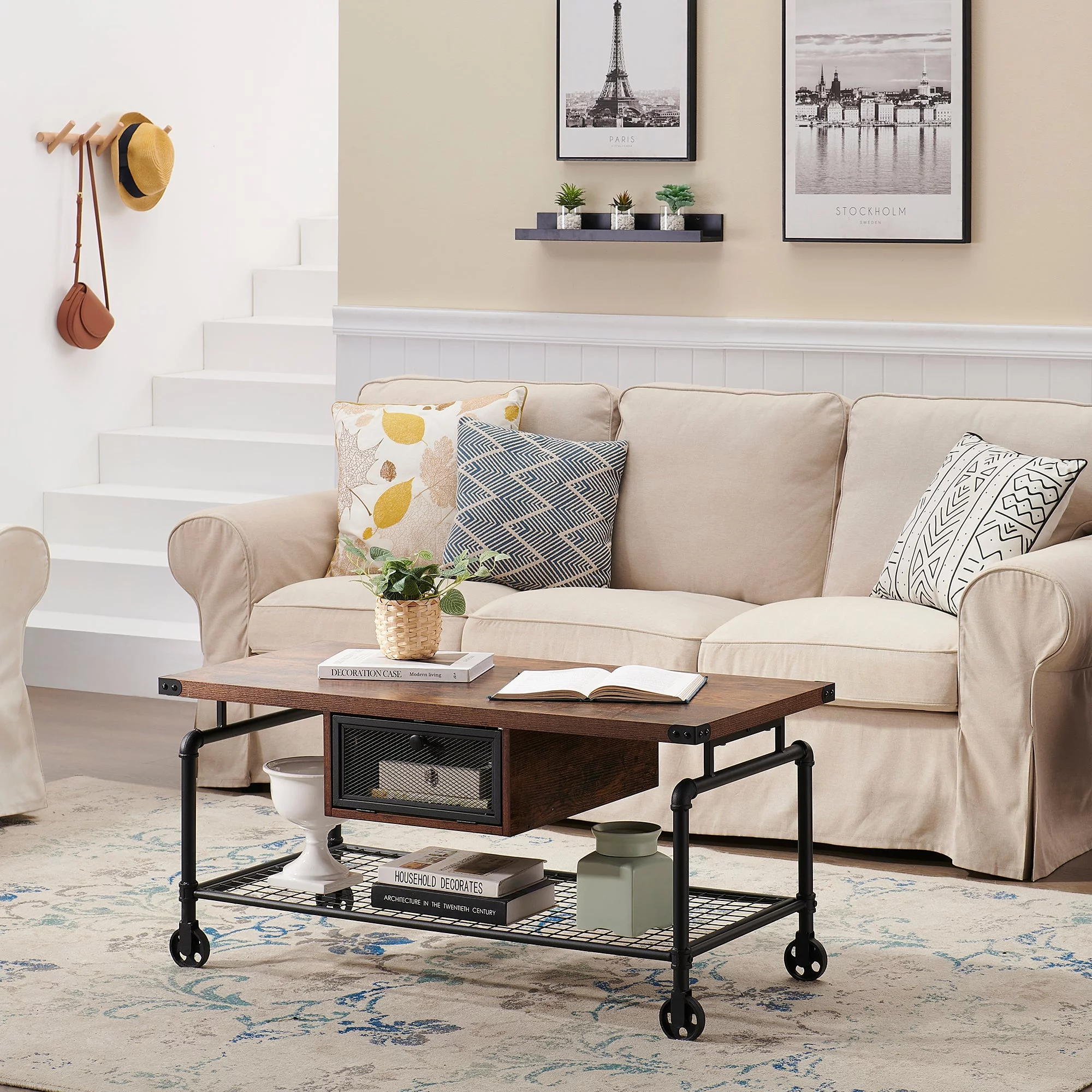 VECELO 3 Piece Coffee Tables Set Includes 1 Coffee Table and 2 End Table, Industrial Coffee Table with Roller and Sofa Table Living Room Set, Brown