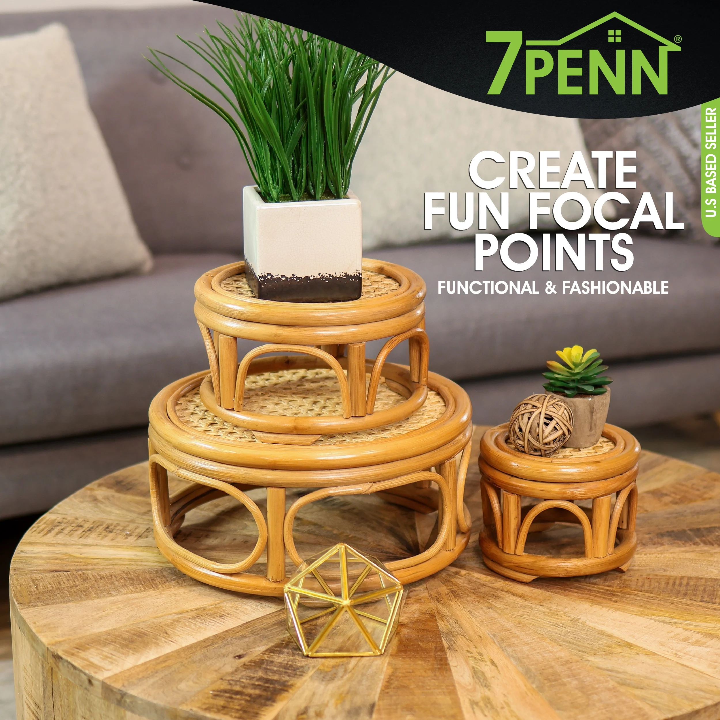 7Penn Boho Plant Stand 3 Piece Set - Multilevel Wicker and Rattan Planter Risers