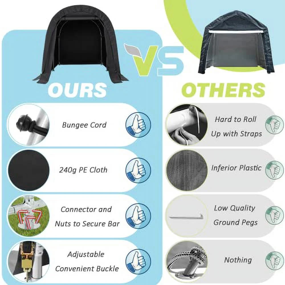 DNYKER Outdoor Portable Storage Shed with Detachable Zipper Roll-up Door and Vented Carport for Motorcycles, Bicycles, Outdoor Tools Portable Carport Waterproof, UV and Snowproof (6x8 Ft Black)