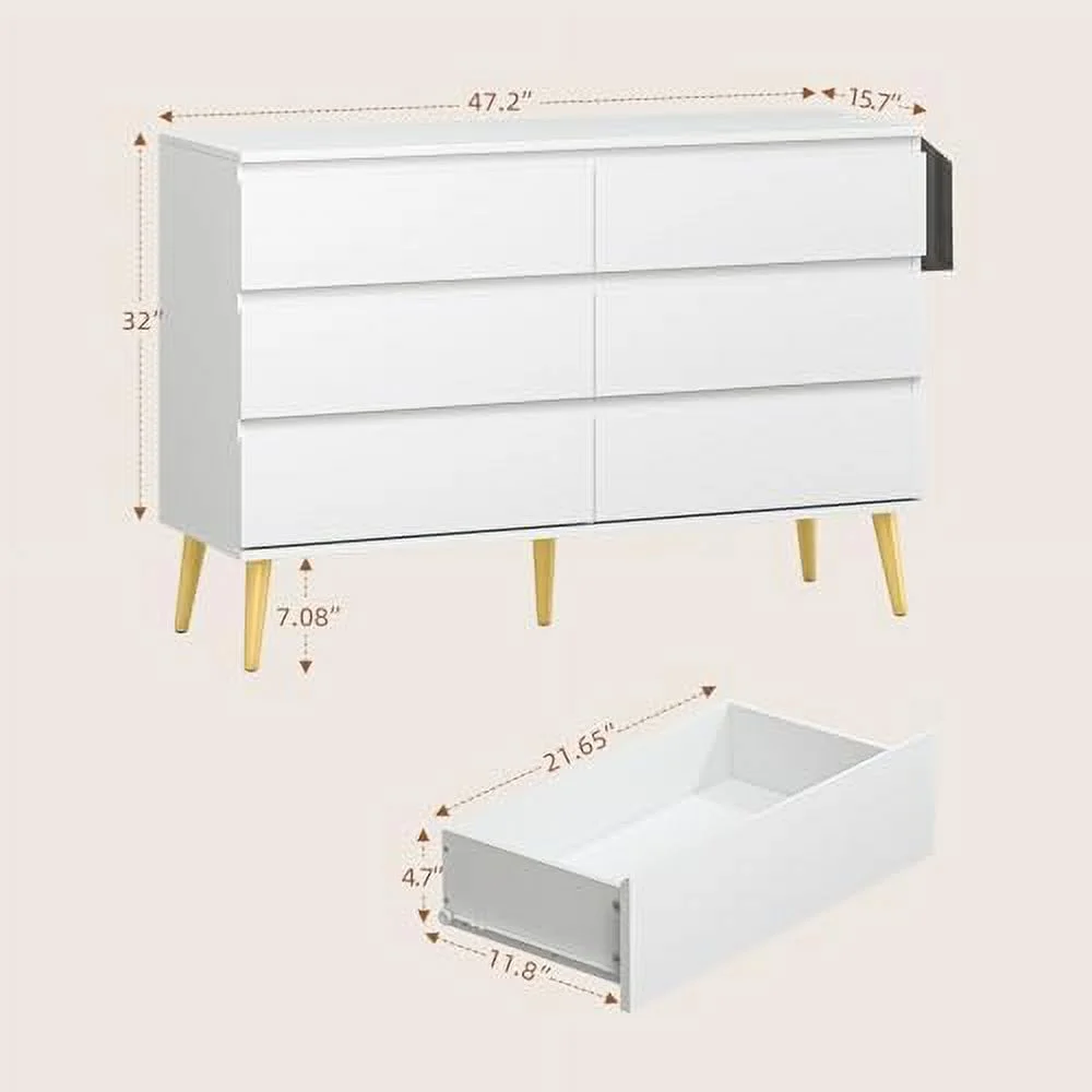 GEROBOOM Dresser for Bedroom with 6 Drawers Chest of Drawers with Charging for  and Organization  Wood Tabletop for Bedroom  Living Room  Hallway  White