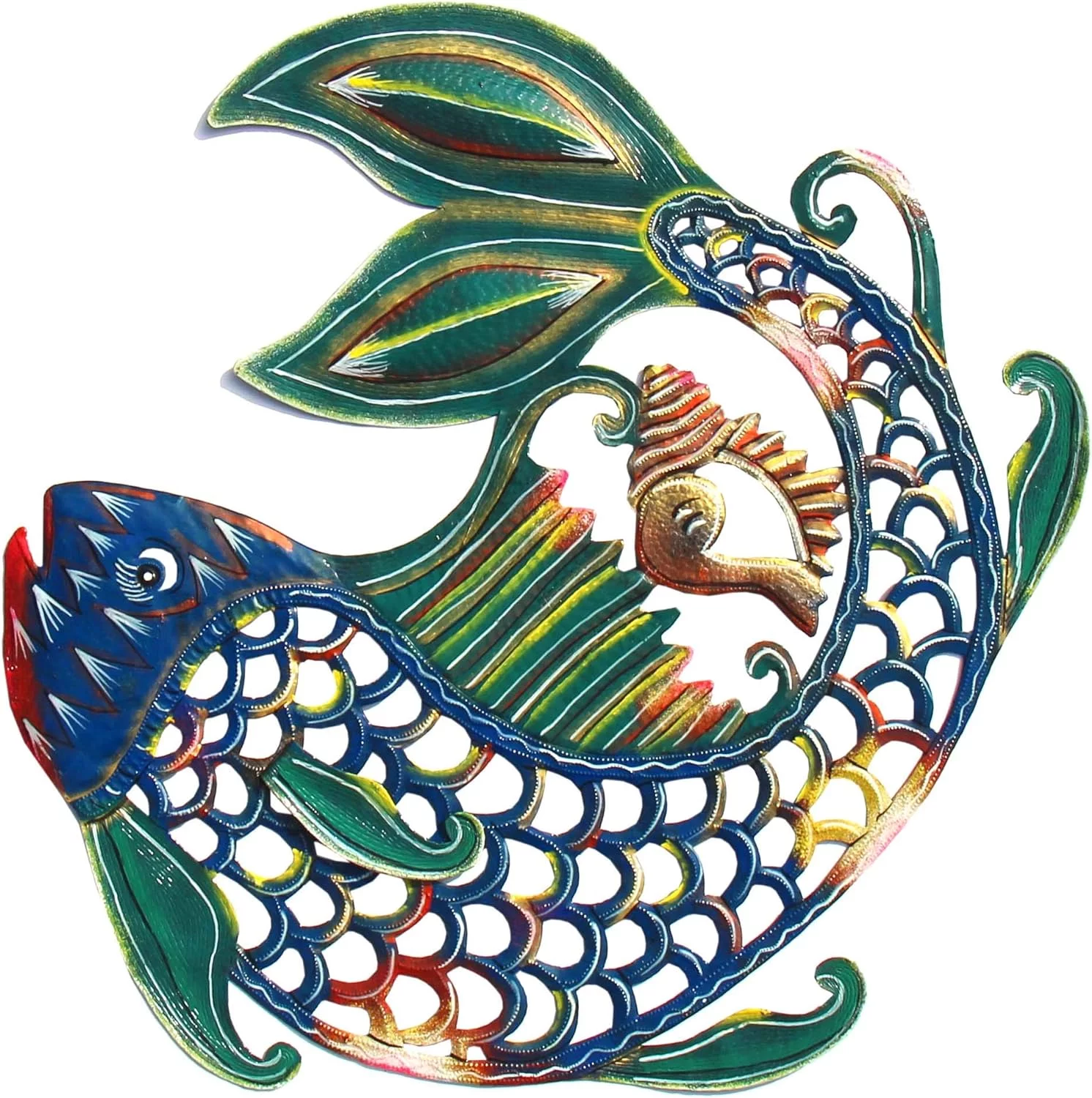 Recycled Hand-Painted Haitian Metal Wall Art Sea Life, Fish And Shell