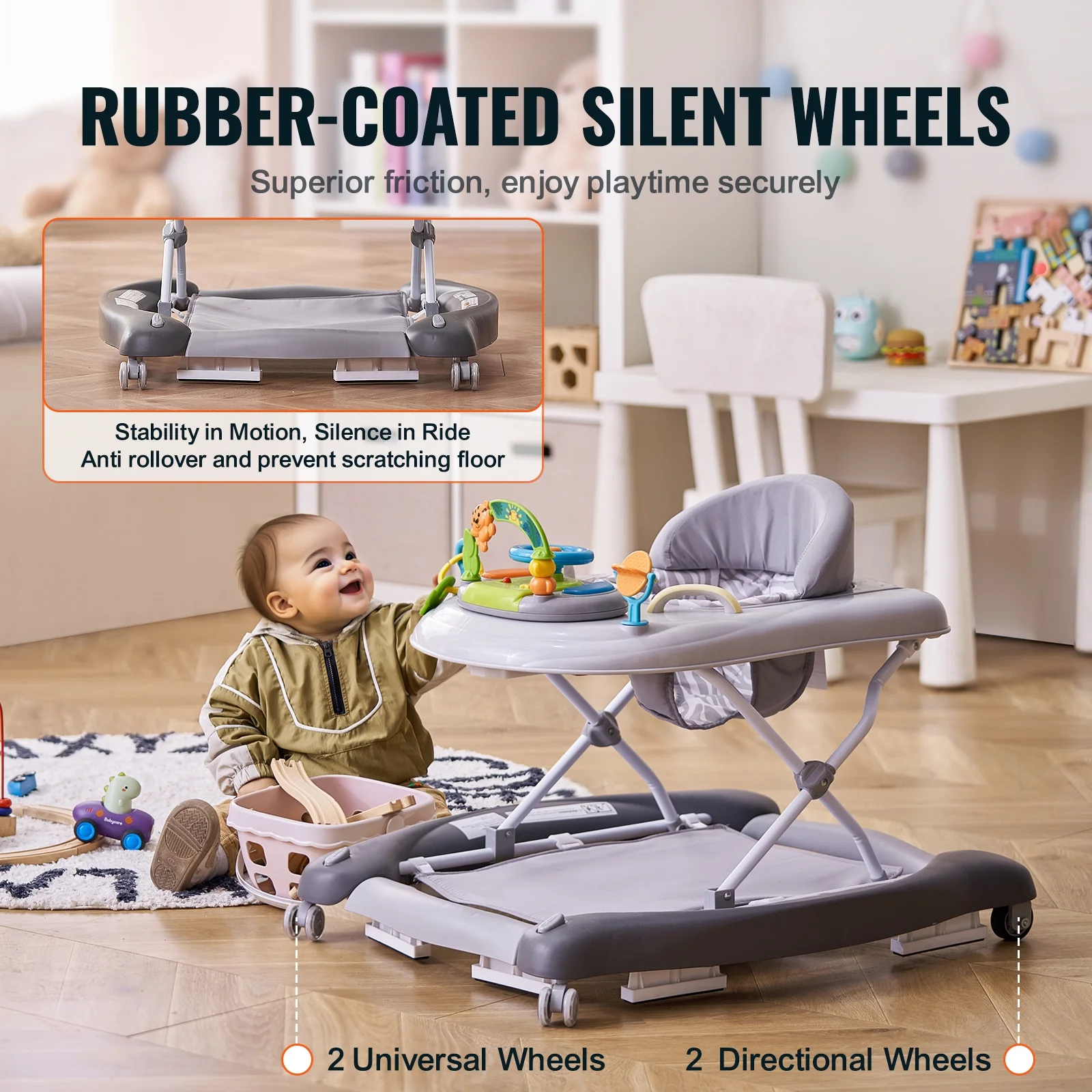 SKYSHALO Baby Walker 4 in 1, Foldable Height Adjustable Baby Walker with Wheels, Infant Toddler Walker with Foot Pads, Anti-Fall Baby Walker With Music & Toys Tray for Boys and Girls 6-24 Months