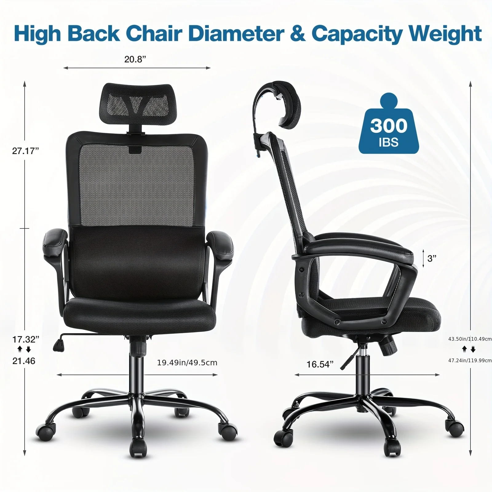DFSDFGF32 Office Chair, Ergonomic Mesh Home Office Computer Chair with Lumbar Support/Adjustable Headrest/Armrest and Wheels/Mesh High Back/Swivel Rolling