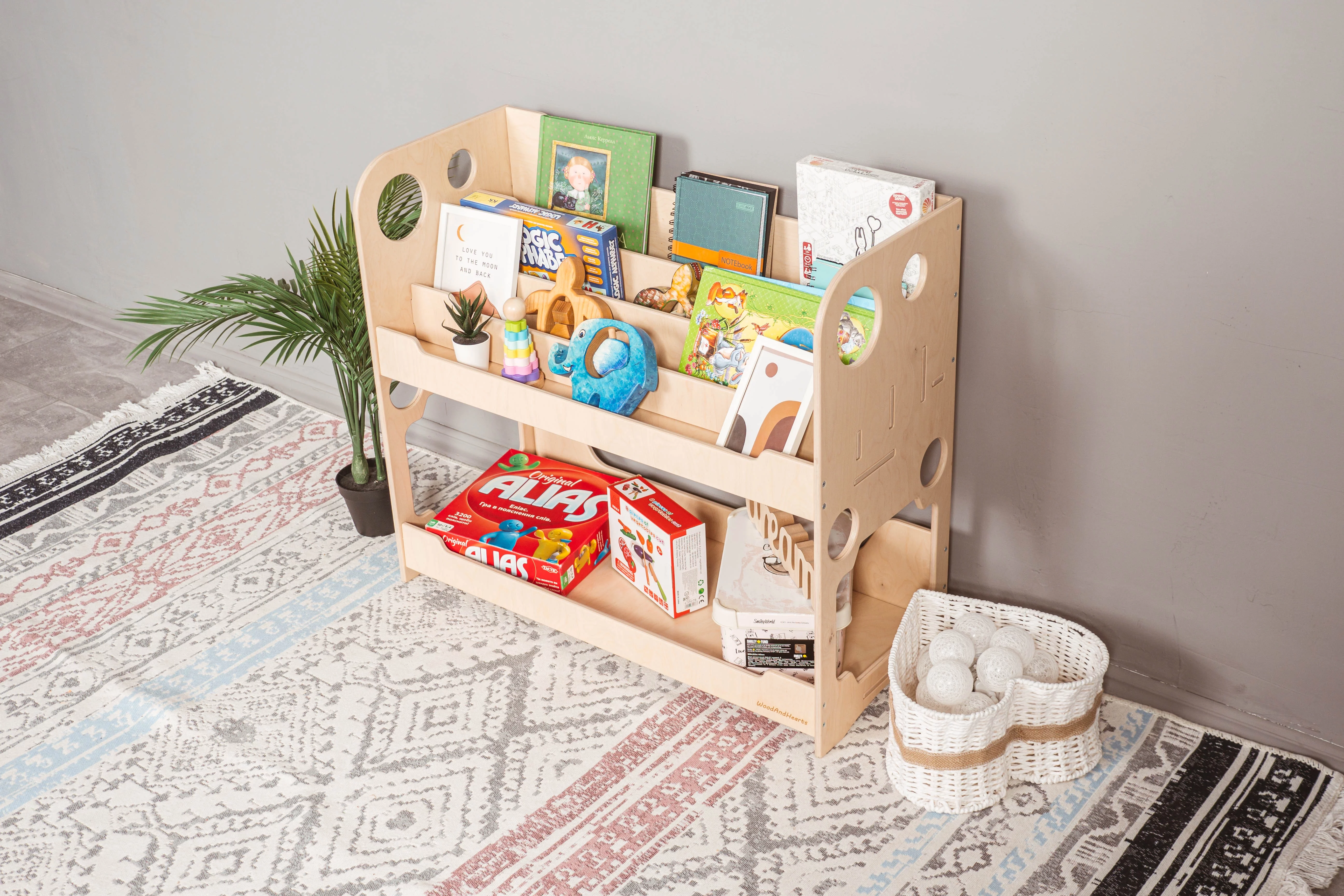 Woodandhearts Montessori Toddler Bookshelf for Storage, Wooden Furniture for Nursery, Kids Bookshelf, Baby Book Shelves for Kids 1-6 Years