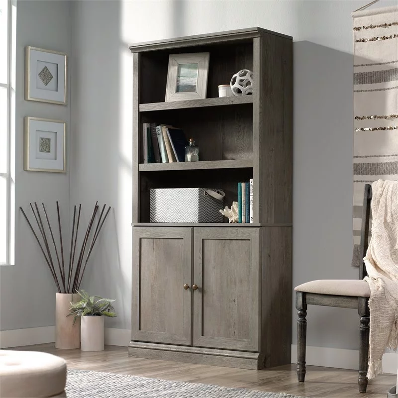 Pemberly Row 3-Shelf 2-Door Tall Wood Bookcase in Mystic Oak