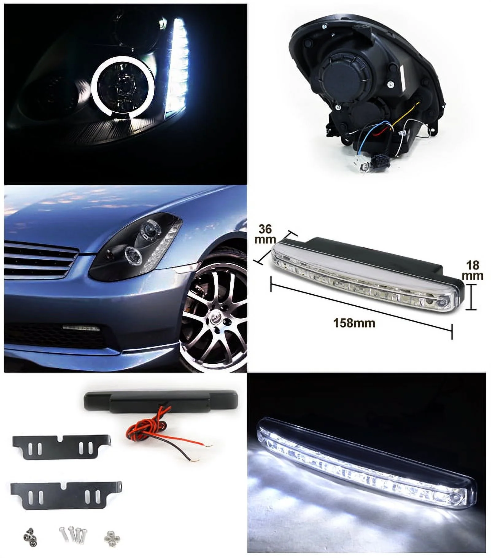 Spec-D Tuning Black Halo SMD LED Projector Headlights + 8-LED Fog Lamps Compatible with Infiniti G35 Left + Right Pair Headlamps Assembly