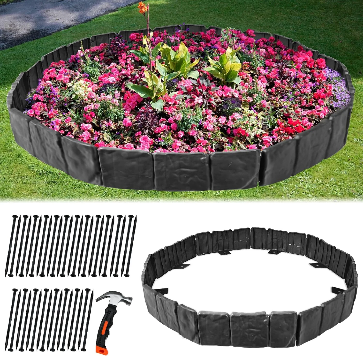 DSTESS Garden Edging Border, 32ft Long Plastic Landscape Edging No Dig for Flower Beds, Garden Edging Imitation Stone Border, Garden Borders and Edging for Landscaping,40pcs,Black