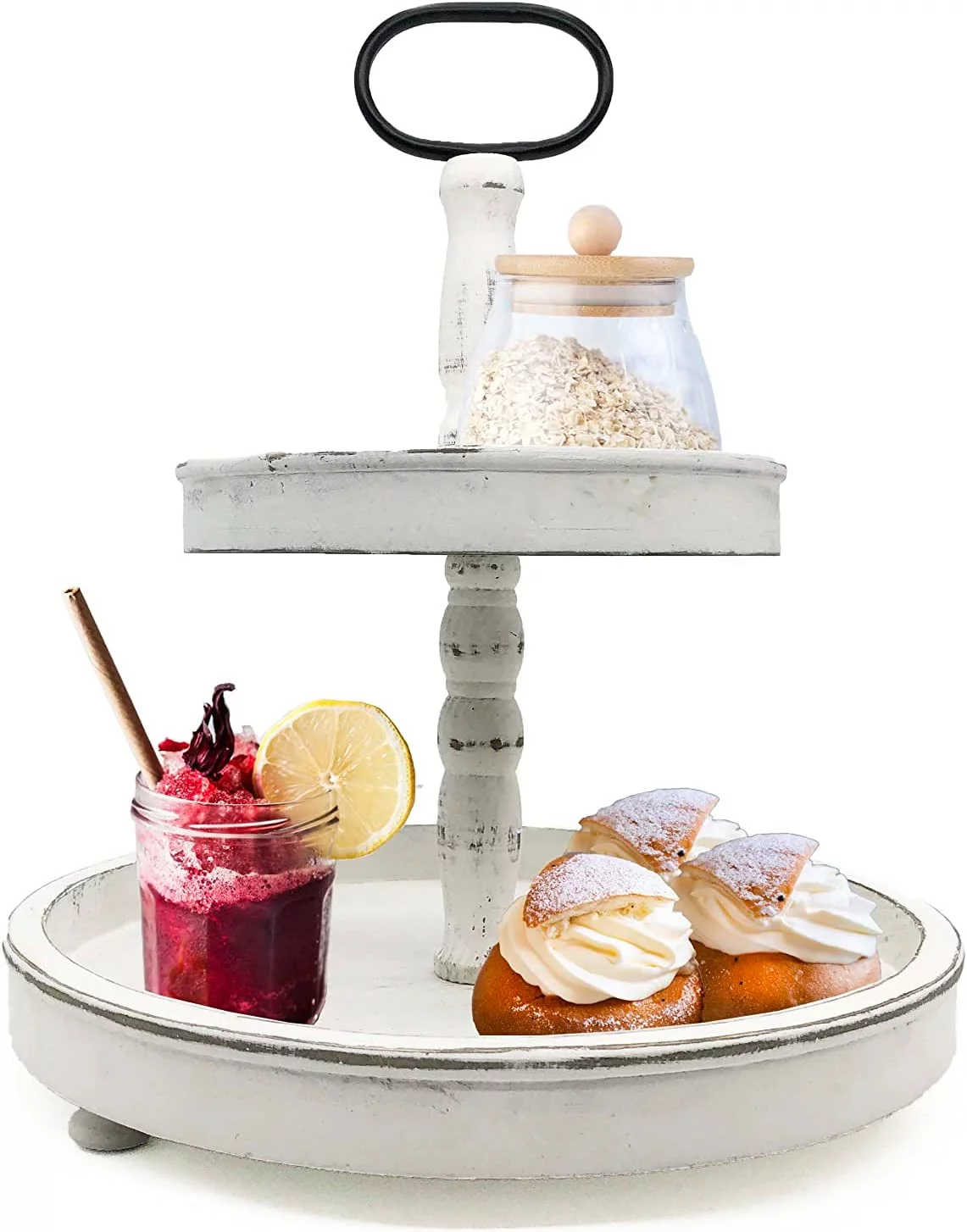 First of a Kind Distressed Wood 2 Tiered Tray - Round Decorative Two Tier Tray with Metal Handle, Distressed Wooden Serving Stand, Rustic Farmhouse Decor Tiered Tray for Home & Kitchen Decor