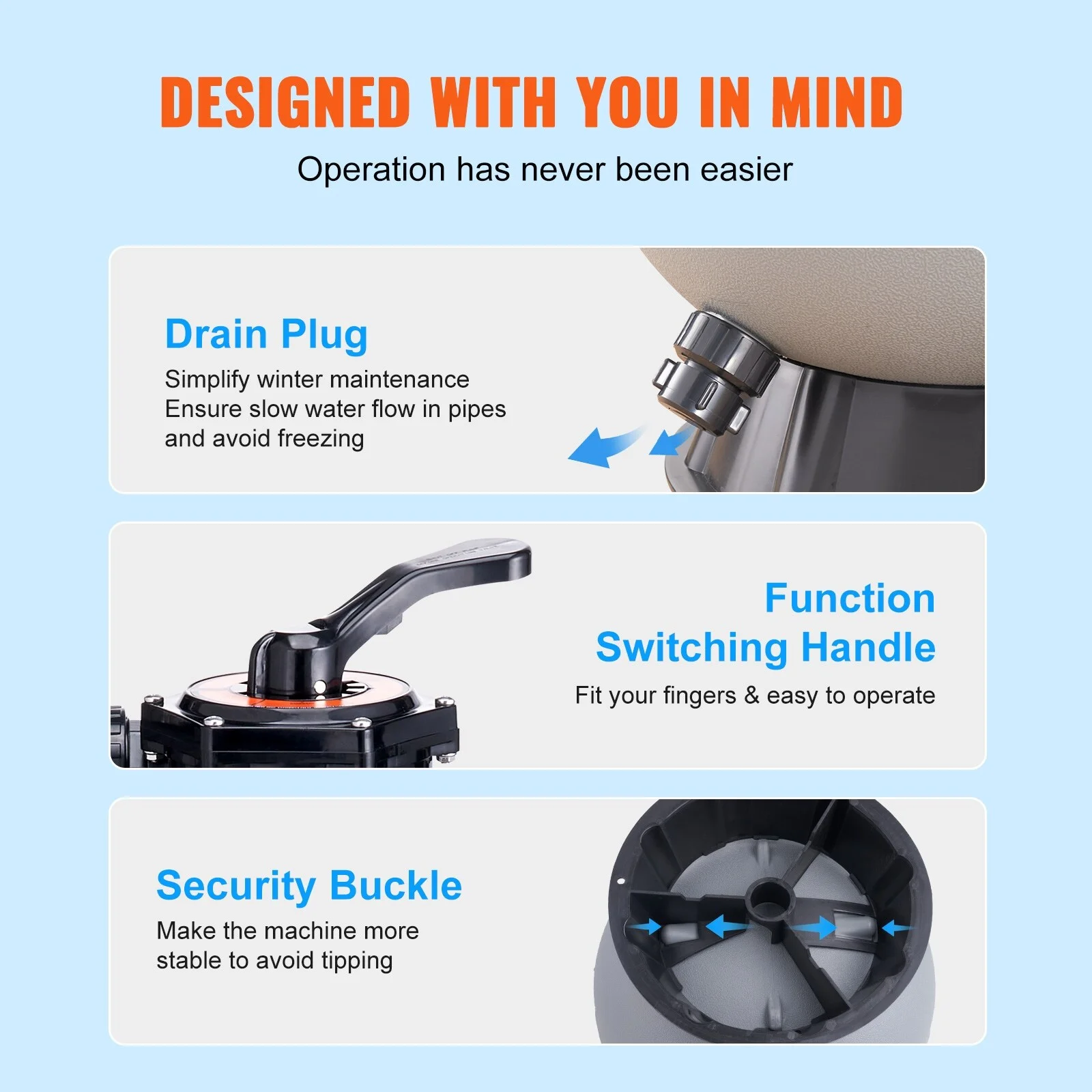 VEVOR 16 to 24 inch Sand Filter 35 to 65 GPM Above Inground Pool with 7-Way Multi-Port Valve 16-inch-Up-to-35 GPM - Multi