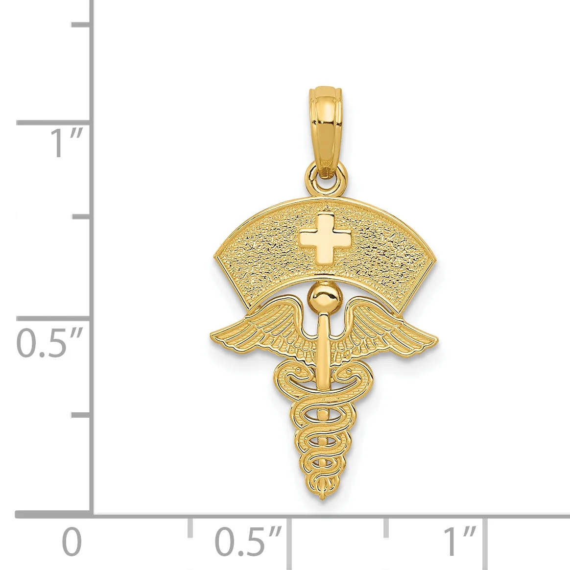 Carat in Karats 14K Yellow Gold Caduceus With Nurses Cap Pendant Charm (30mm x 15mm) With 10K Yellow Gold Lightweight Rope Chain Necklace 20''