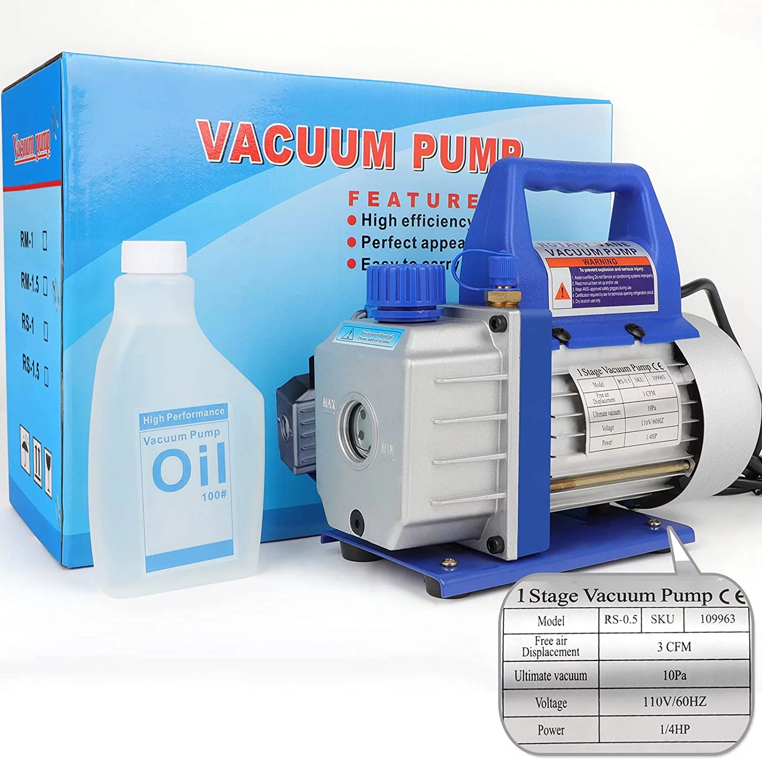 3CFM 1/4HP Deep Vacuum Pump R134a Air Refrigerant Conditioning Degassing Deep HVAC 10 PA 110V 60Hz HVAC Durable and Reliable Rotary Vane Deep Pump Manifold Gauge Wine Degassing or Epoxy Air Tool