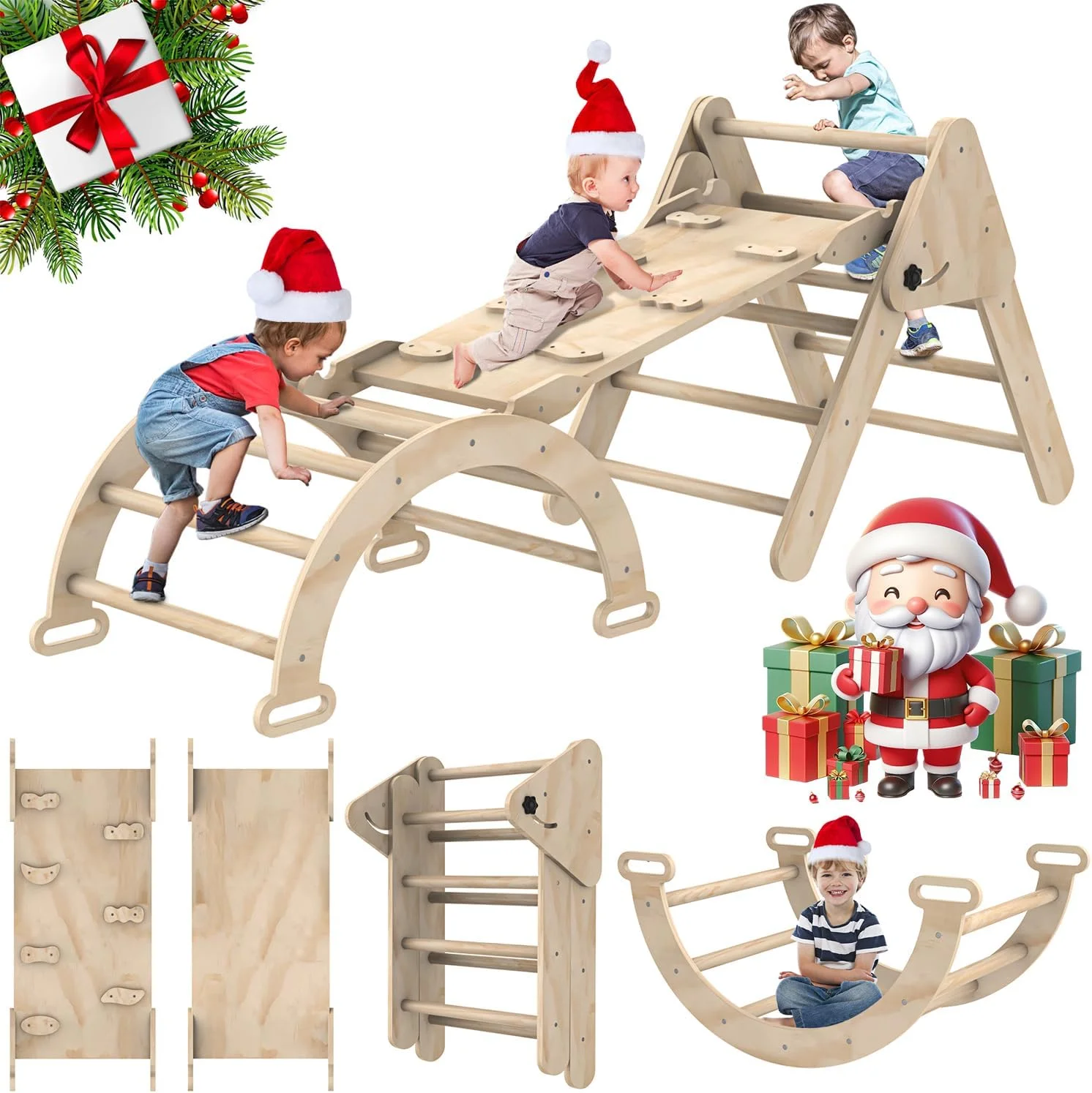 Toddler Climbing Toys Indoor, Foldable Climbing Toys for Toddlers, Montessori Climbing Set with Triangle Climber, Arch Ramp, Rock Climber, Slide, Rocker, Wooden Montessori Toys for Toddlers