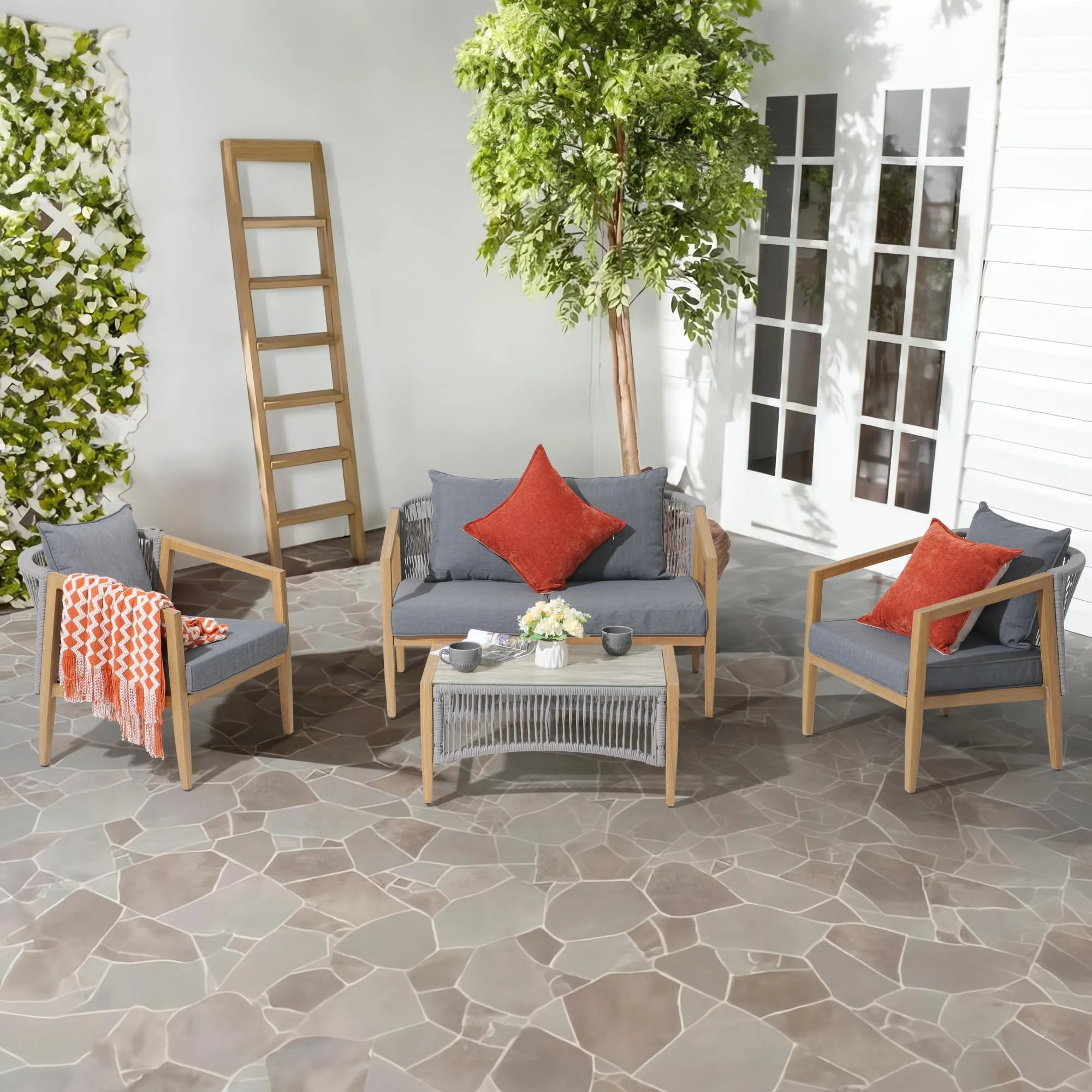 OC Orange-Casual Outdoor 4-Piece Acacia Wood Furniture Set, All-Weather Patio Sectional Sofa Set, Rope Lounge Couch & 2 Single Chair, with Wood Table, Grey Cushion