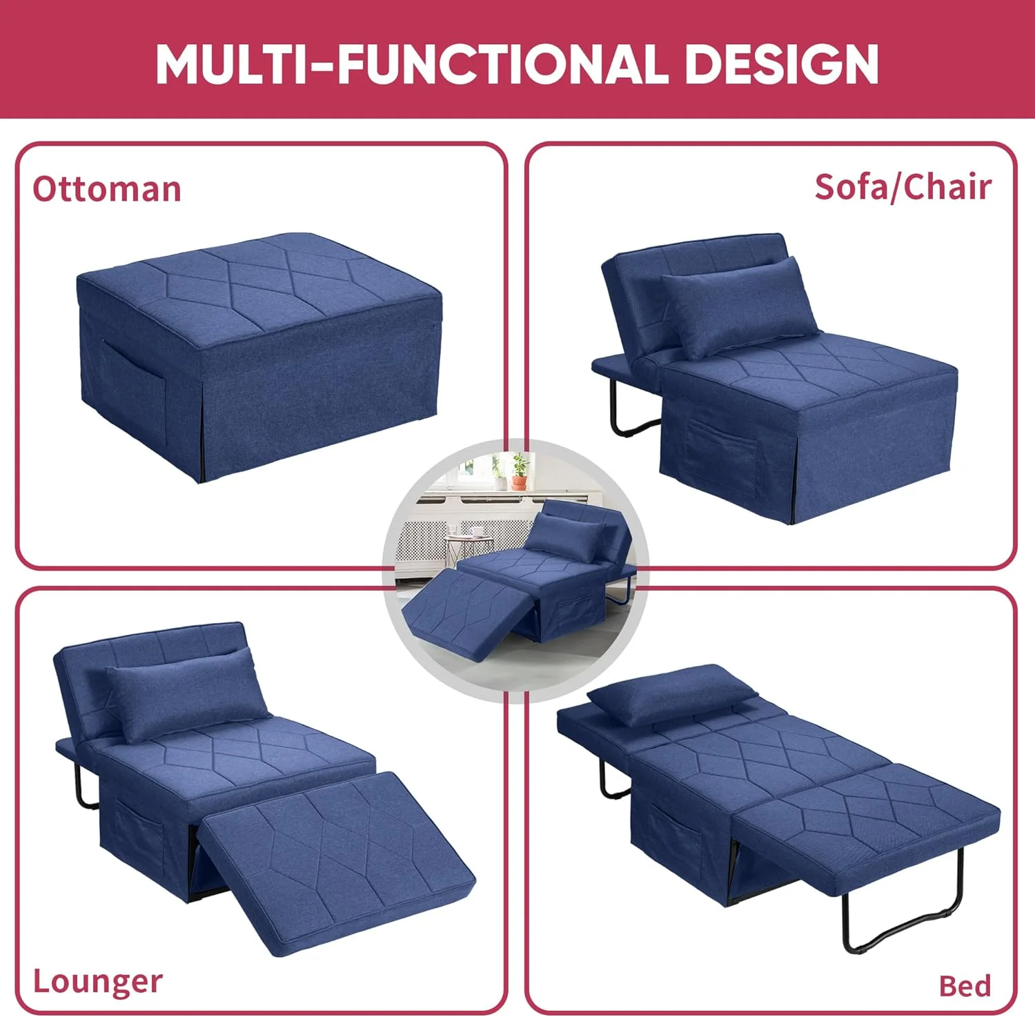 Folding Ottoman Sofa Bed, Convertible Chair 4 In 1 Multi-Function Ottoman, Couch Bed With 6 Position Adjustable Backrest, Imitation Flannel,