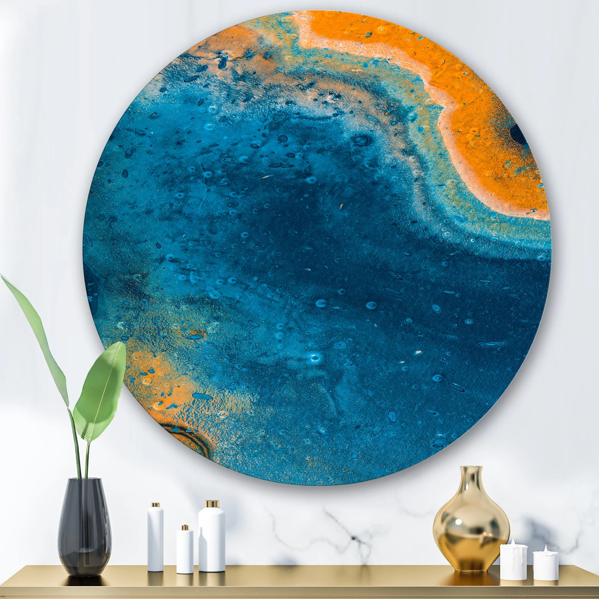 Designart 'Abstract Marble Composition In Orange and Blue V' Modern Circle Metal Wall Art 36x36 - Disc of 36