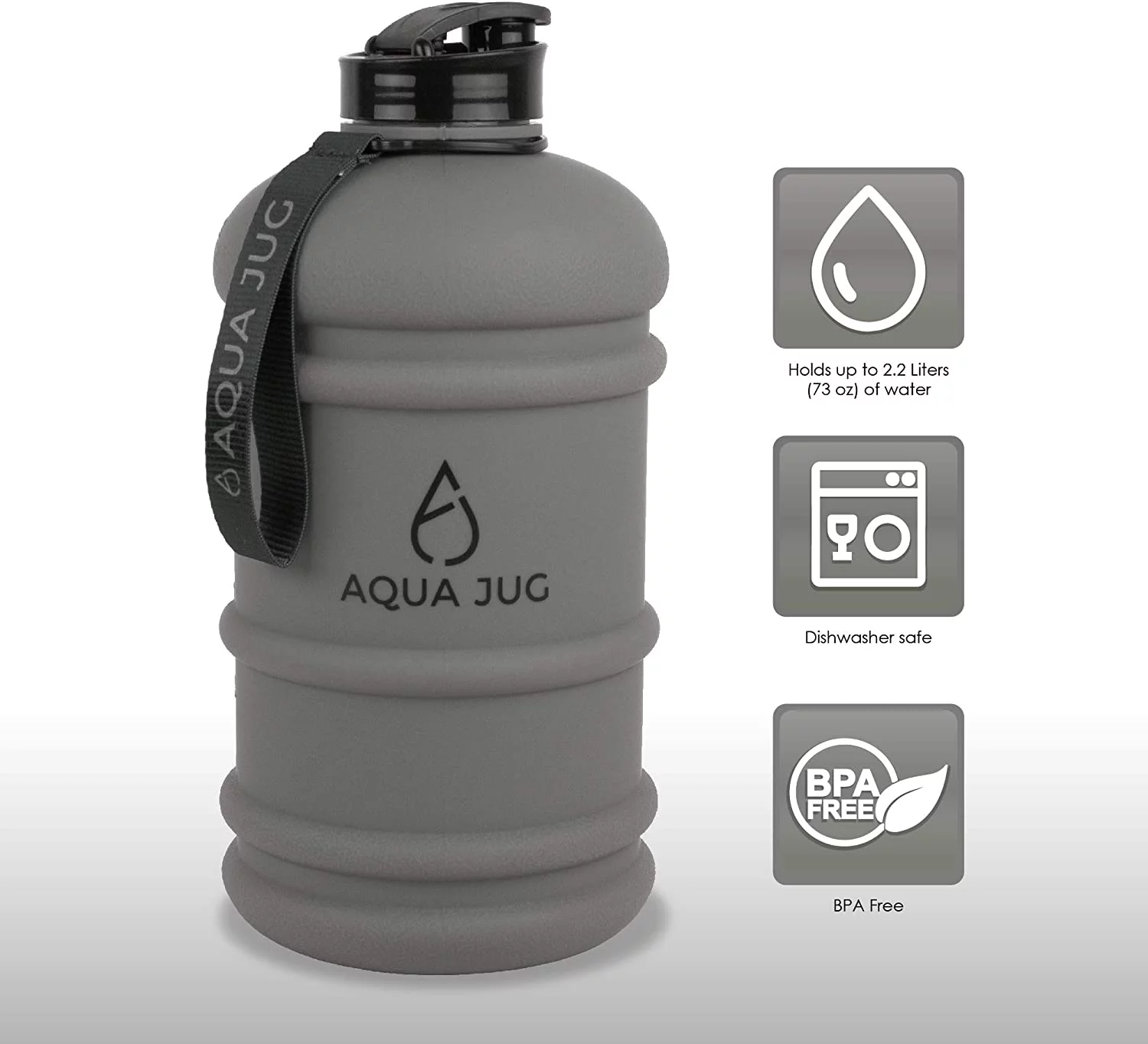Aqua Jug Big Water Bottle, Dishwasher Safe BPA Free Drinking Water, Smoke Gray 2.2L, Great for Gym Fitness Workout Sports Hiking and more