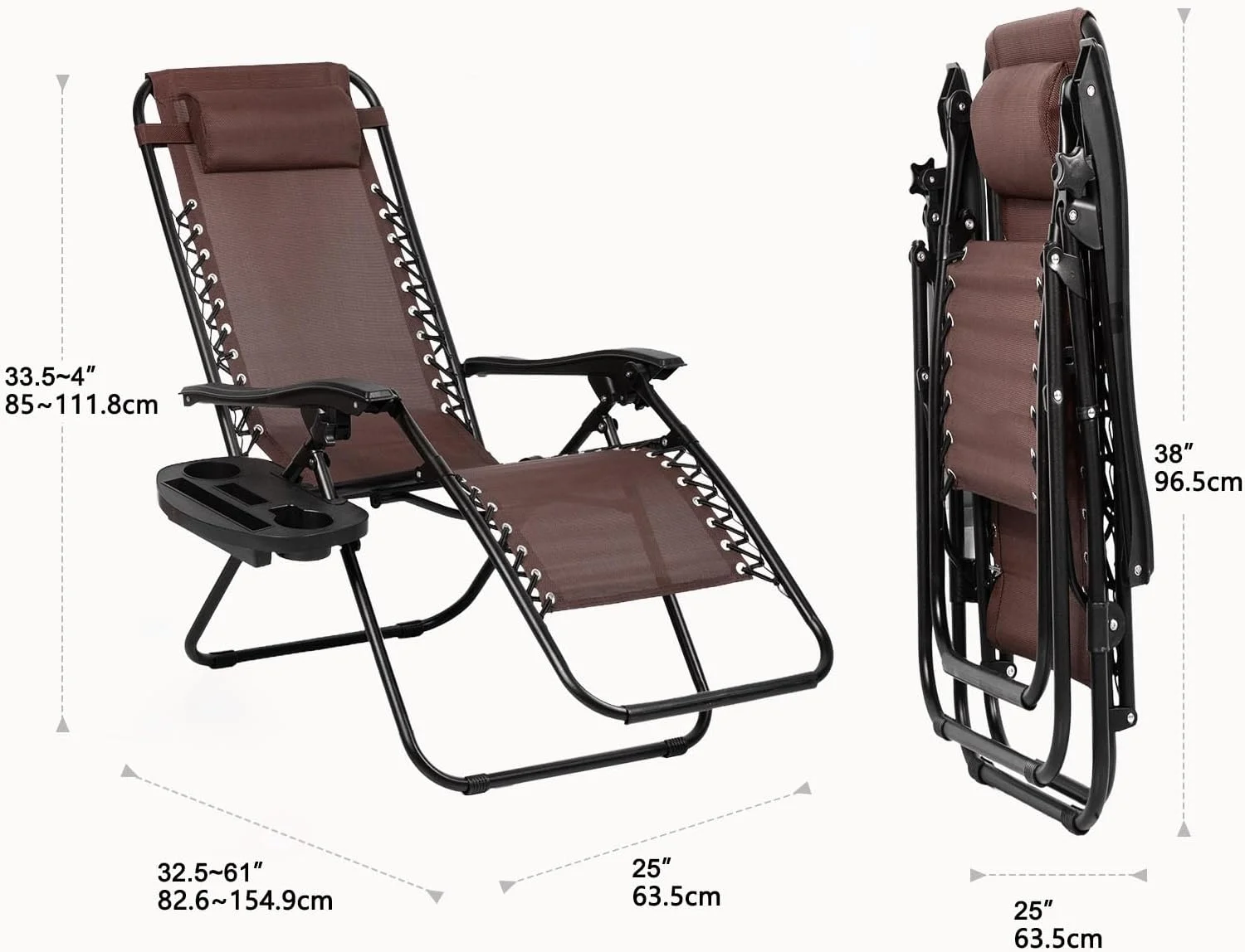 Set of 2 Relaxing Recliners Patio Chairs Adjustable Steel Mesh Zero Gravity Lounge Chair Beach Chairs with Pillow and Cup Holder Khaki (Brown)
