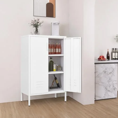 WTYNKAE Metal  Cabinet Freestanding  Metal Locker  Cabinets with 2 Doors  Tall Accent Cabinet with 2 Adjustable Shelves  Metal Cabinet for Kitchen  Office  Livingroom  White