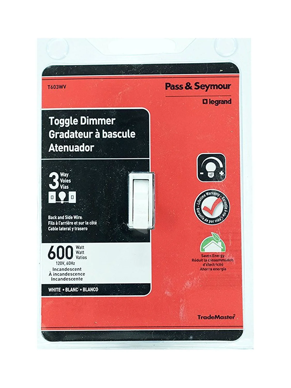Legrand - Pass & Seymour T603WV 3 Way Dimmer Light Switch, Incandescent Toggle Dimmer 600-watt 3 Way Light Switch, Easy Install, White