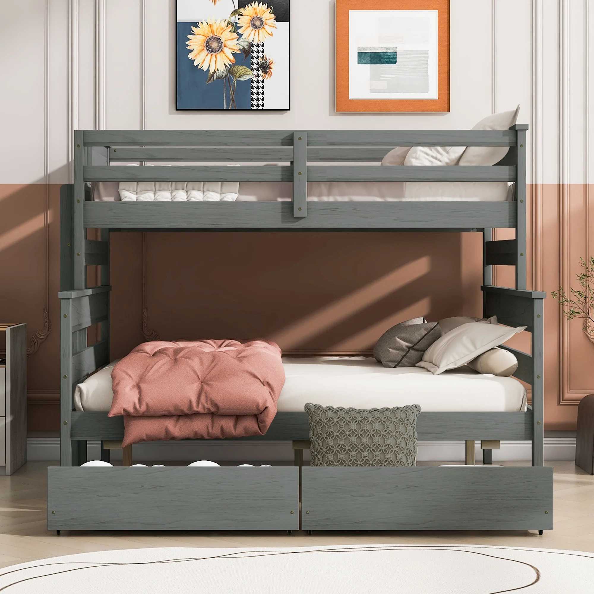 Homiyad Wood Twin Over Full Bunk Bed with 2 Drawers, Gray