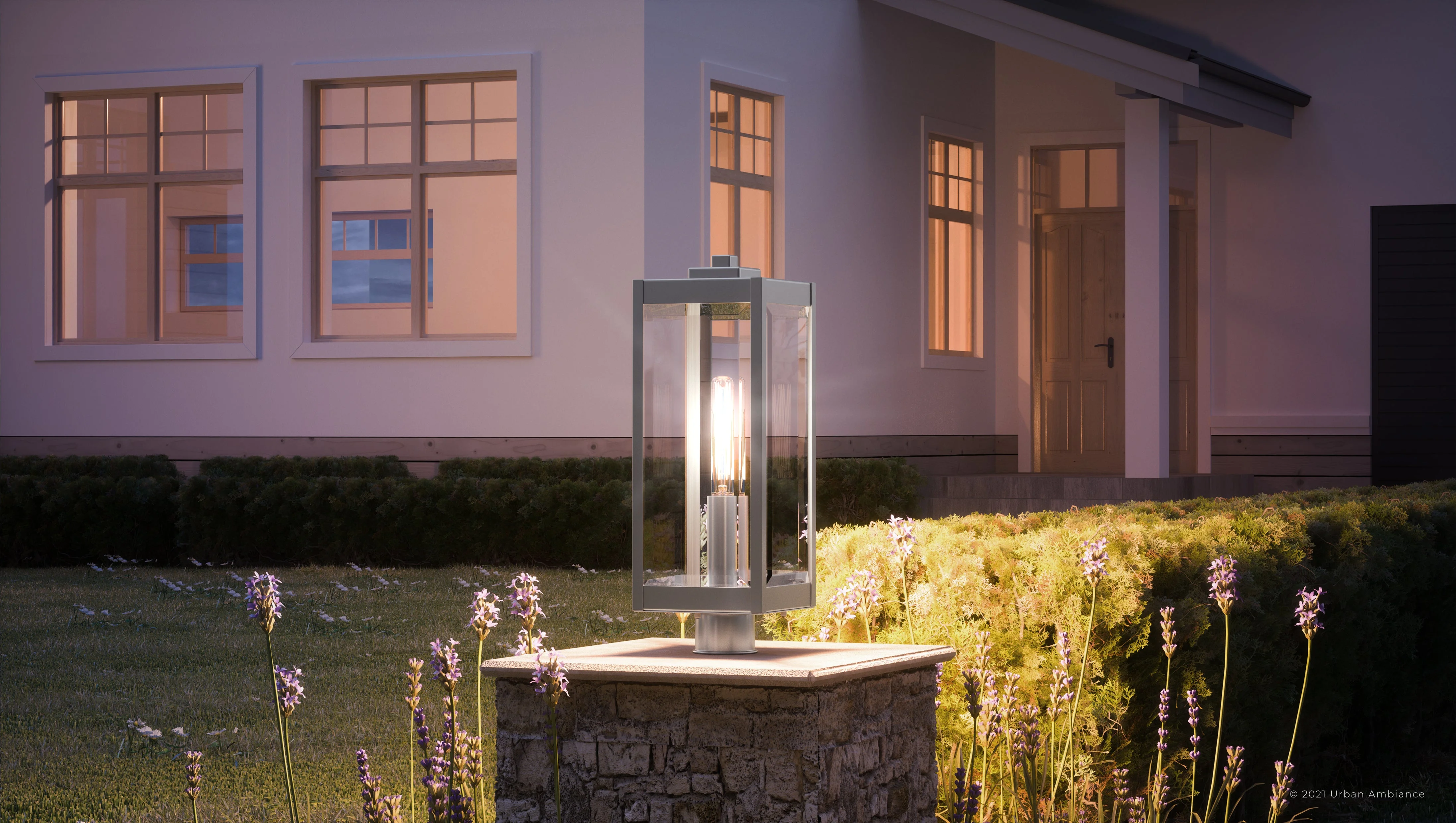 Luxury Modern Farmhouse Outdoor Post Light, 20.50''H x 7.00''W, with Industrial Style Elements, Minimalist Design, Stainless Steel Finish and Clear Beveled Glass, UQL1363