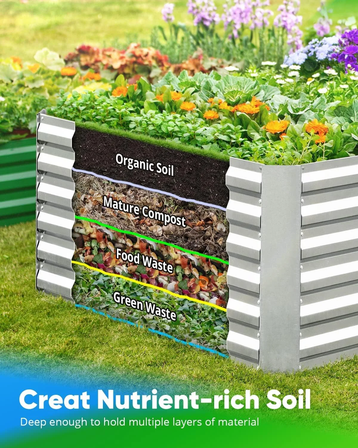 6x3x2 Ft Galvanized Raised Garden Bed  Metal Planter Box Bottomless for Backyard, Include 3 pcs Tomato Cages 1 pc Weed Barrier