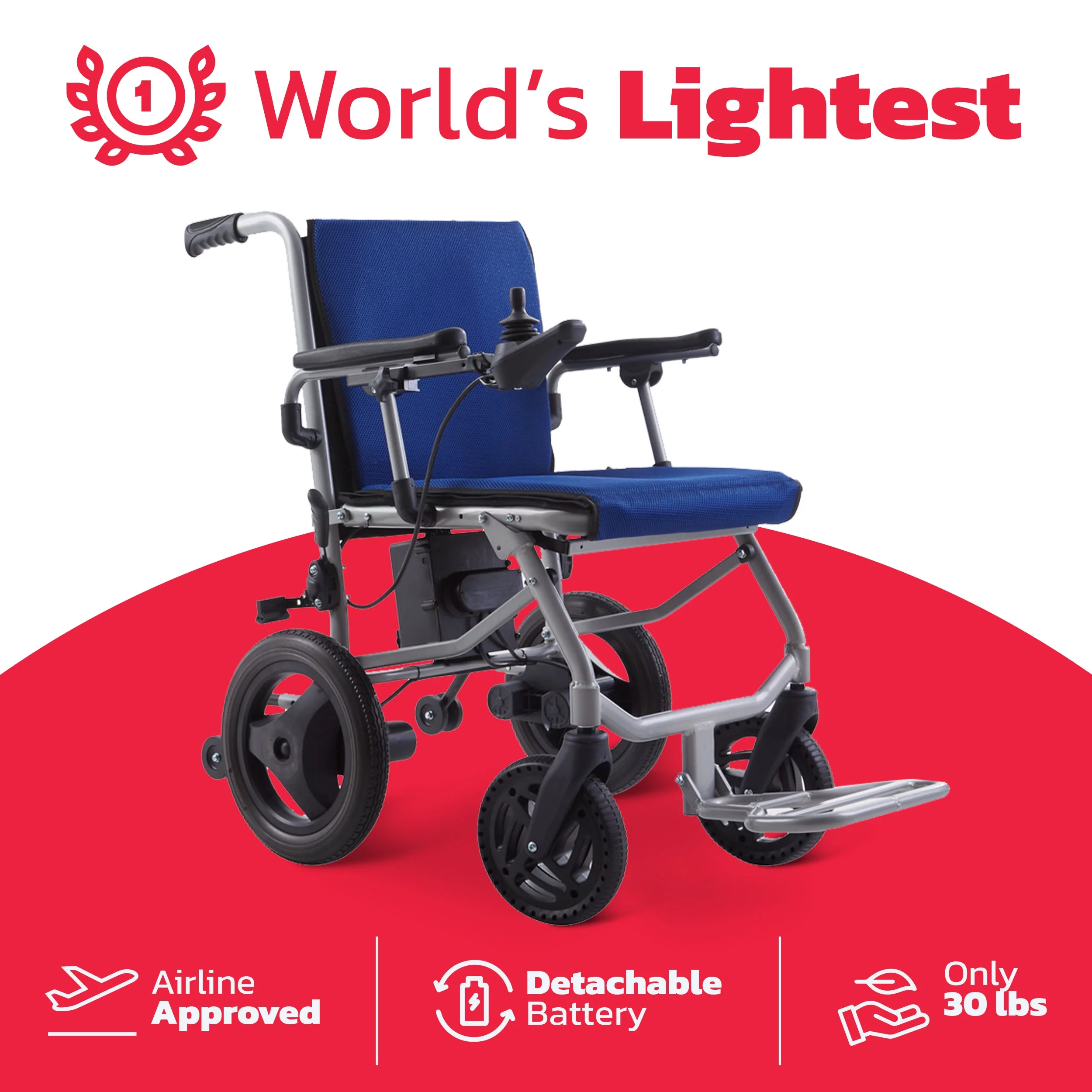 Klano KL04 - The World's Lightest Electric Wheelchair - Blue, Only 30 Pounds, Detachable Battery, Airline Approved.