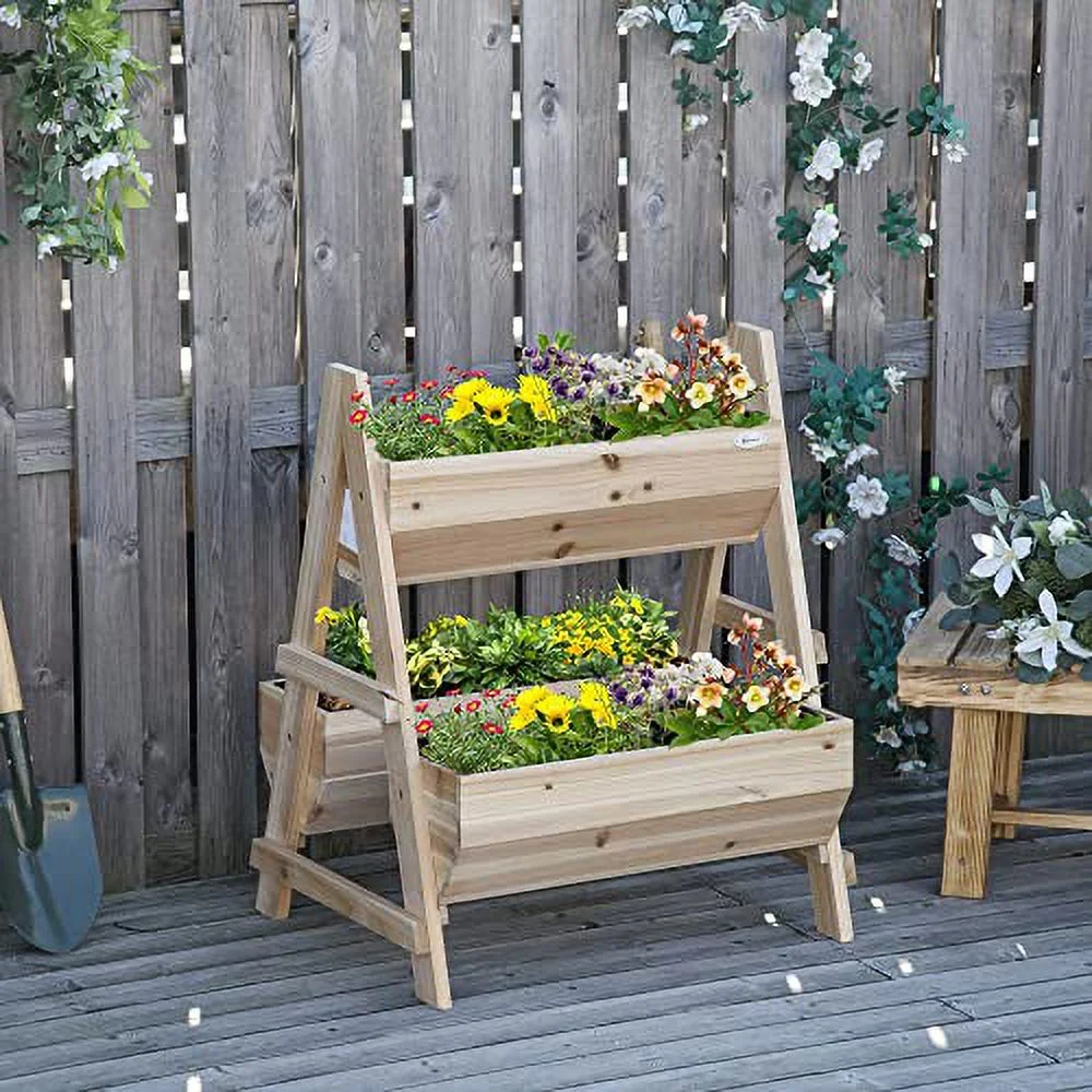 Outsunny 3 Tier Verctial Raised Garden Bed, Wooden Elevated Planter Box with Fabric Liner and Drainage Holes, for Vegetables, Herbs, Flowers, Natural